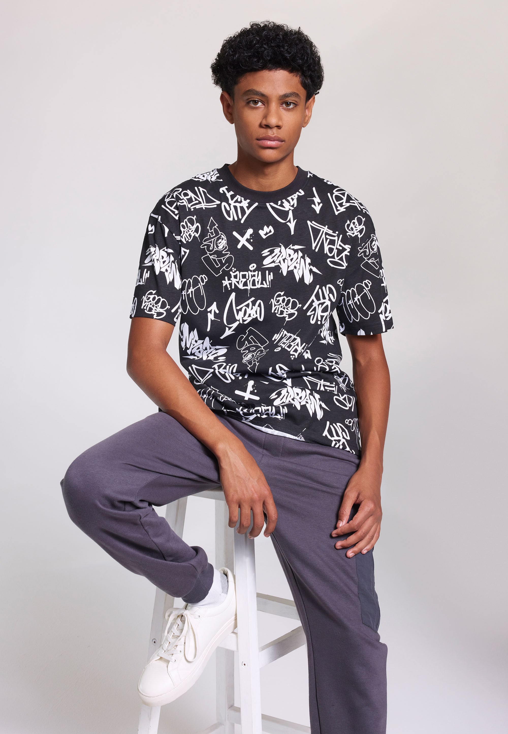Older Boys Black & White Graffiti Print T-Shirt