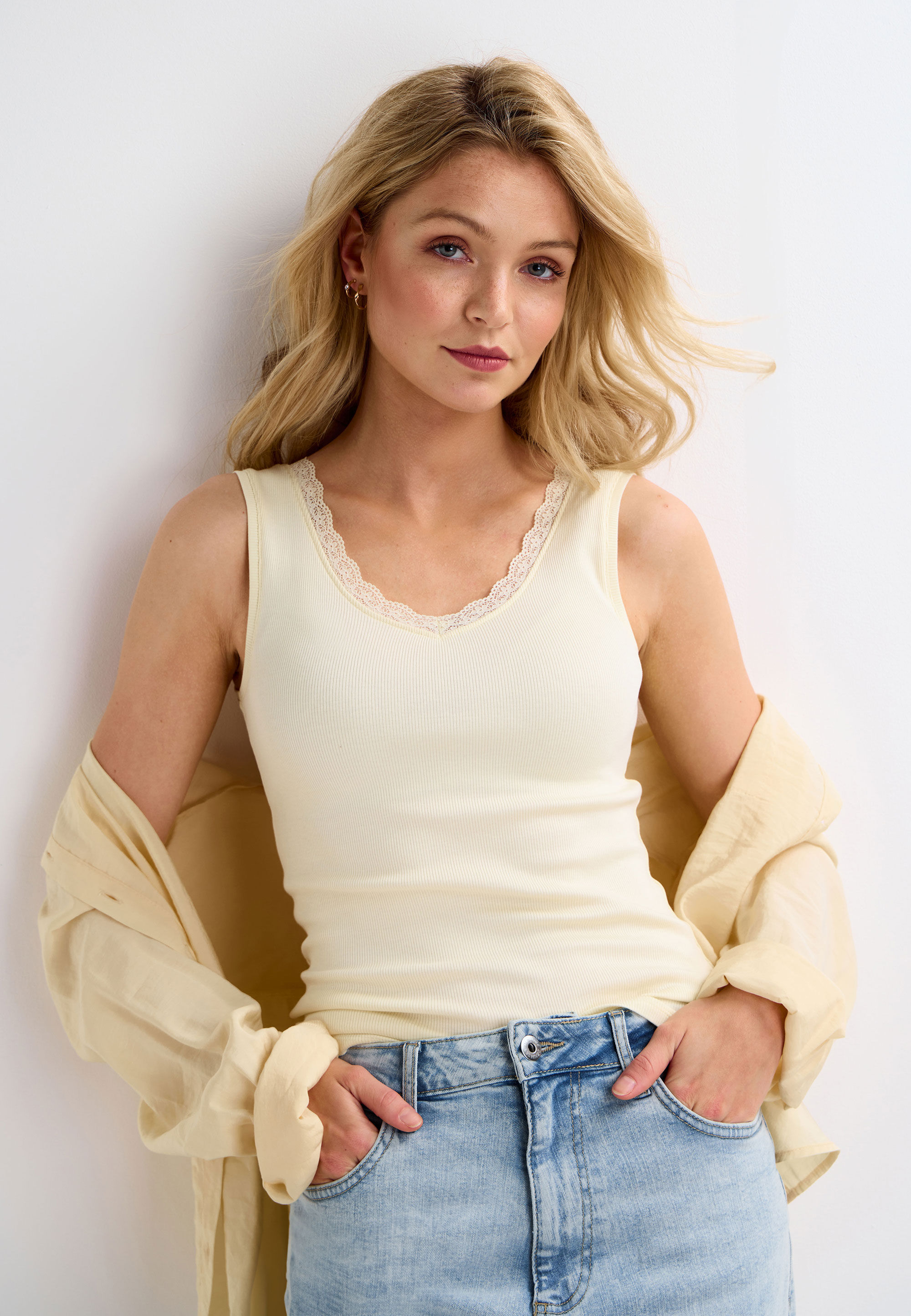 Womens Buttermilk Yellow Ribbed Lace Trim Vest Top