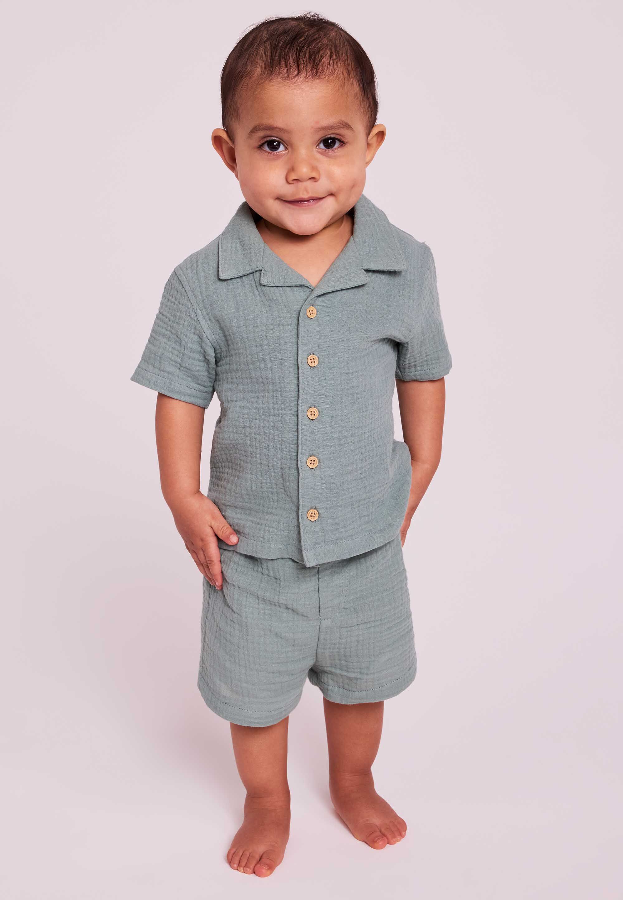 Baby Boys Green Cotton Cheesecloth Shirt and Shorts Set
