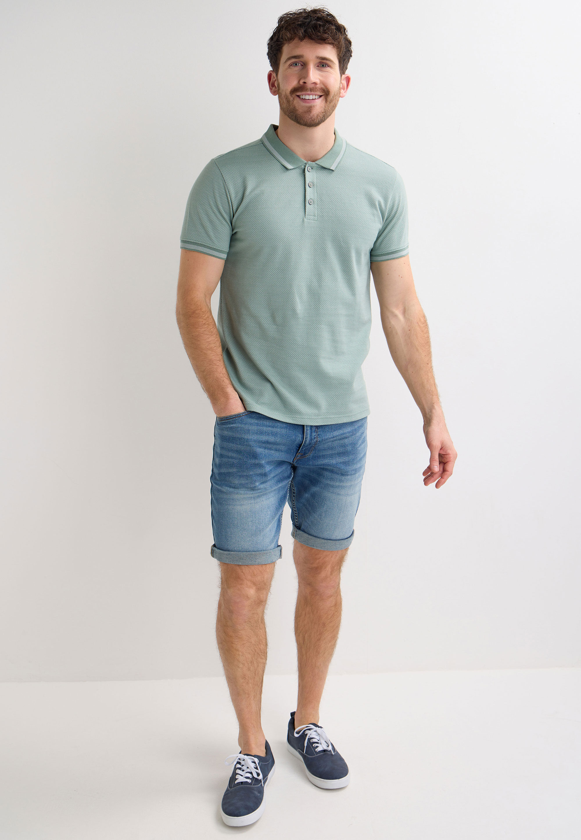Mens Green Jacquard Short Sleeve Polo Shirt