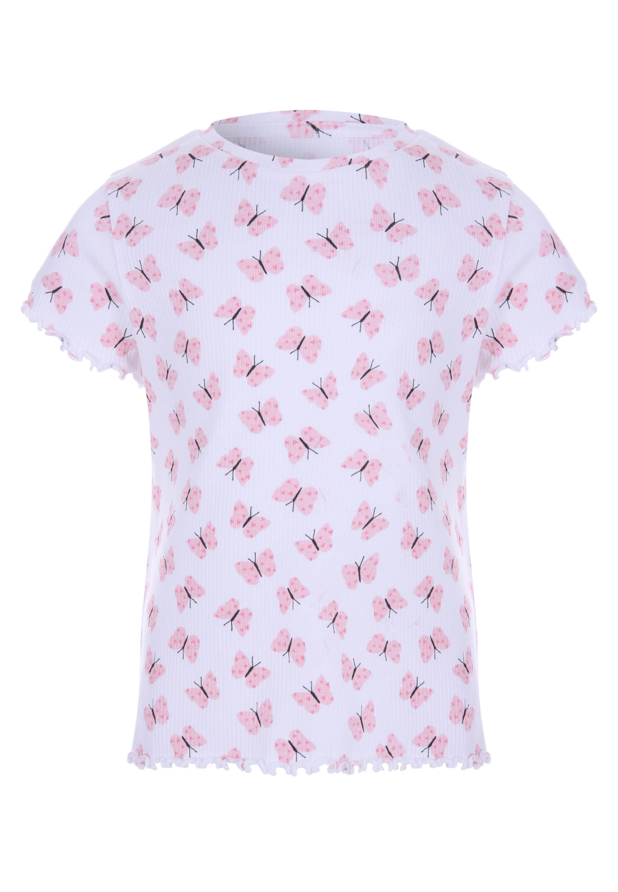 Younger Girls White & Pink Butterfly Print Ribbed Top