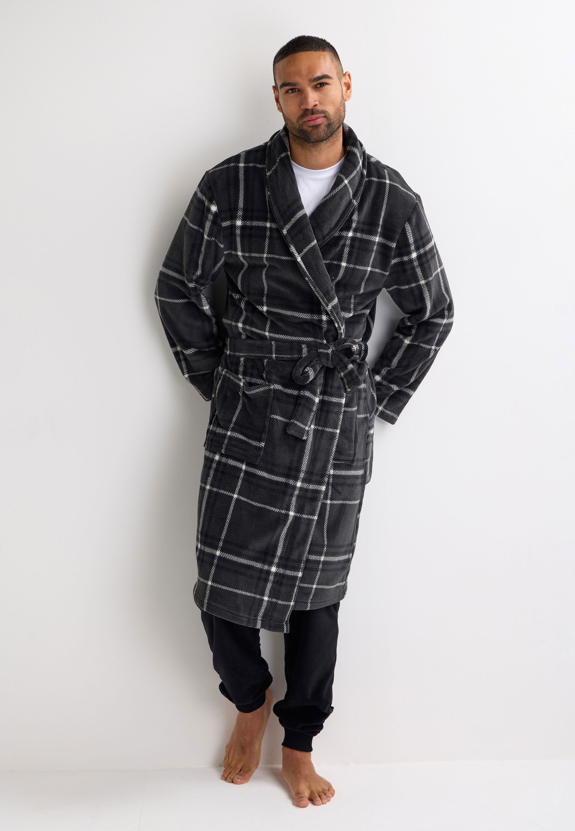 Mens Black Check Shawl Collar Dressing Gown