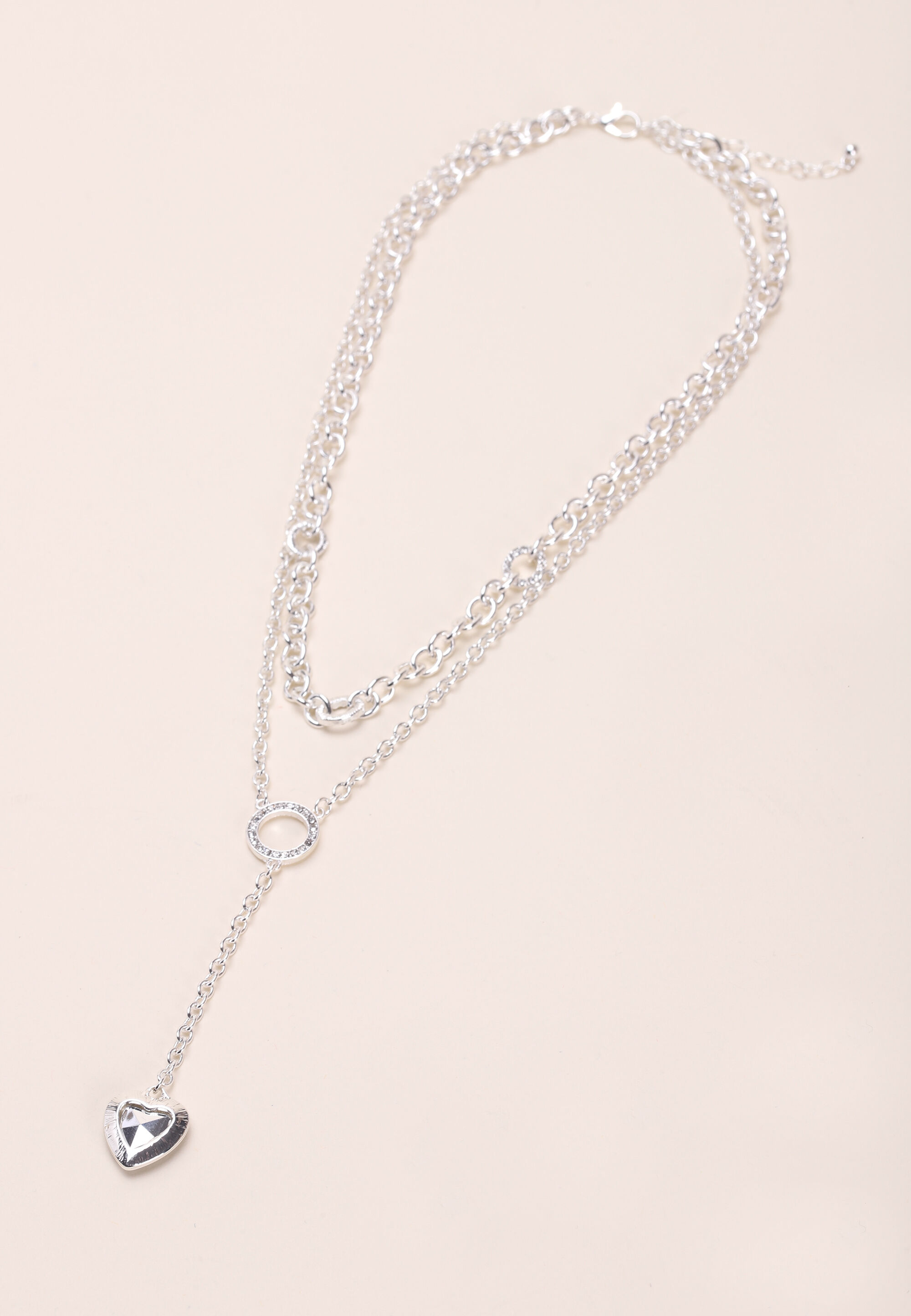 Womens Silver 2 Row Heart Drop Necklace