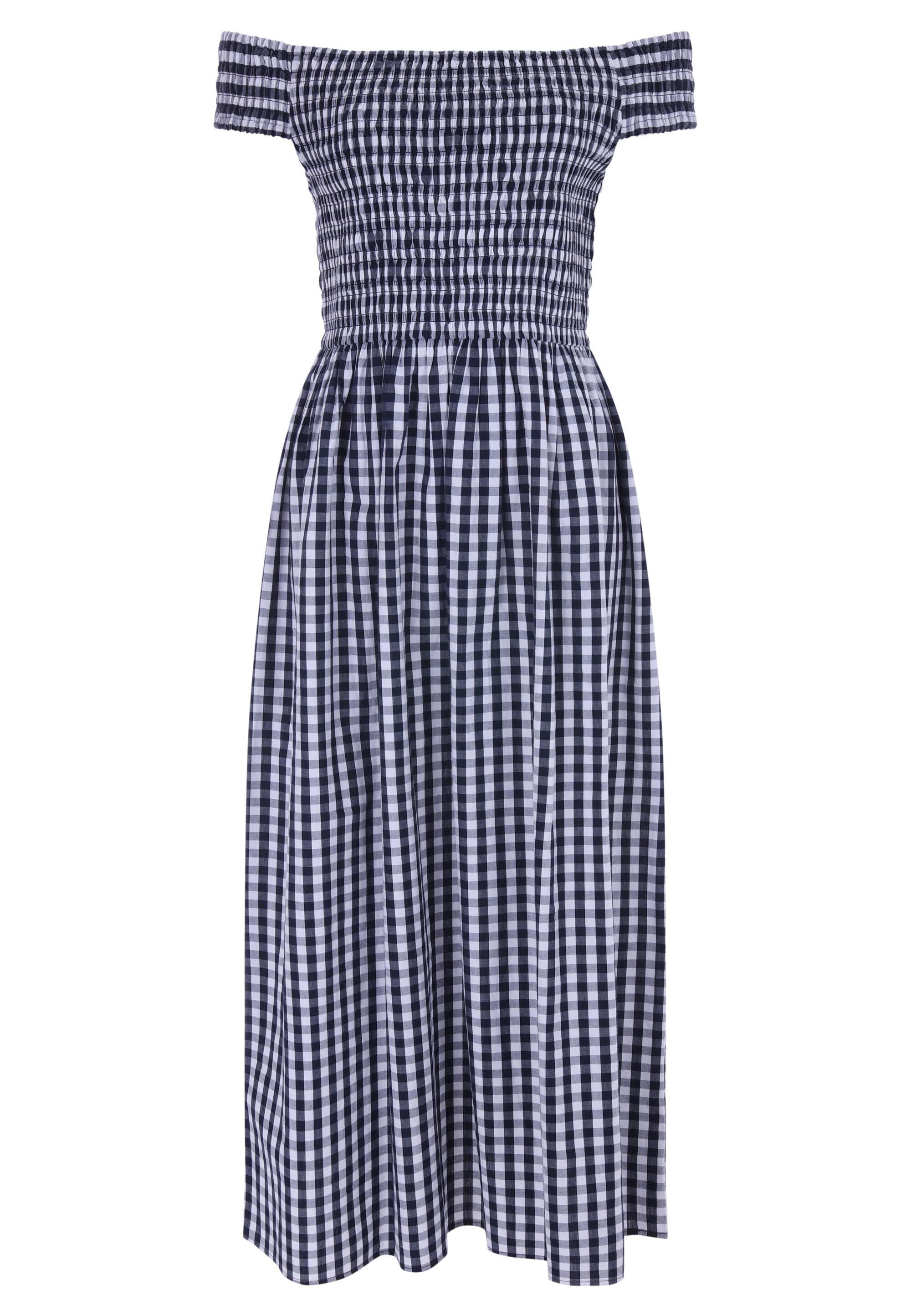 Womens Black & White Gingham Print Bardot Midi Dress