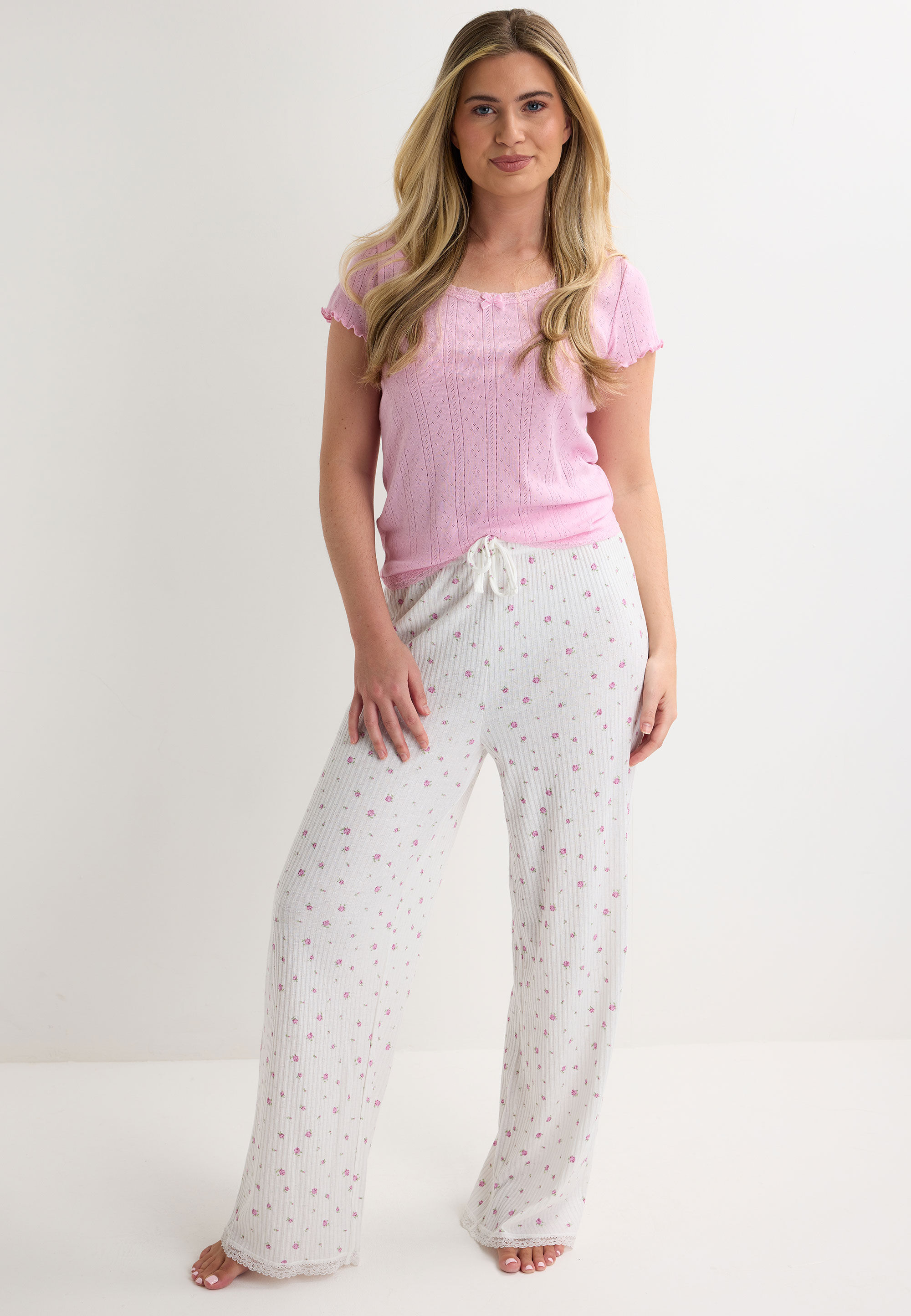 Womens Pink Pointelle Short Sleeve Pyjama Top