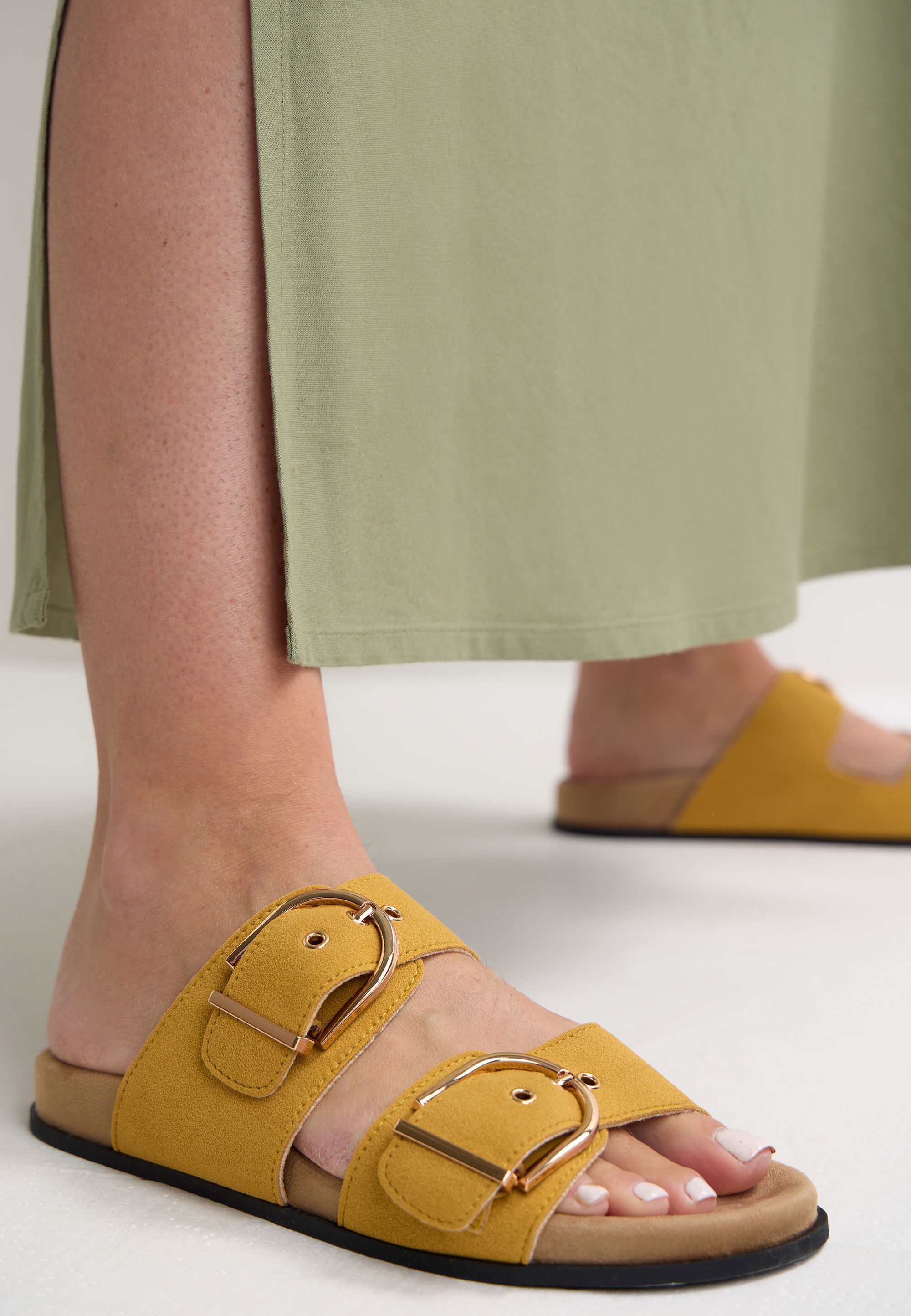 Womens Yellow Oversize Buckle Footbed Sandals