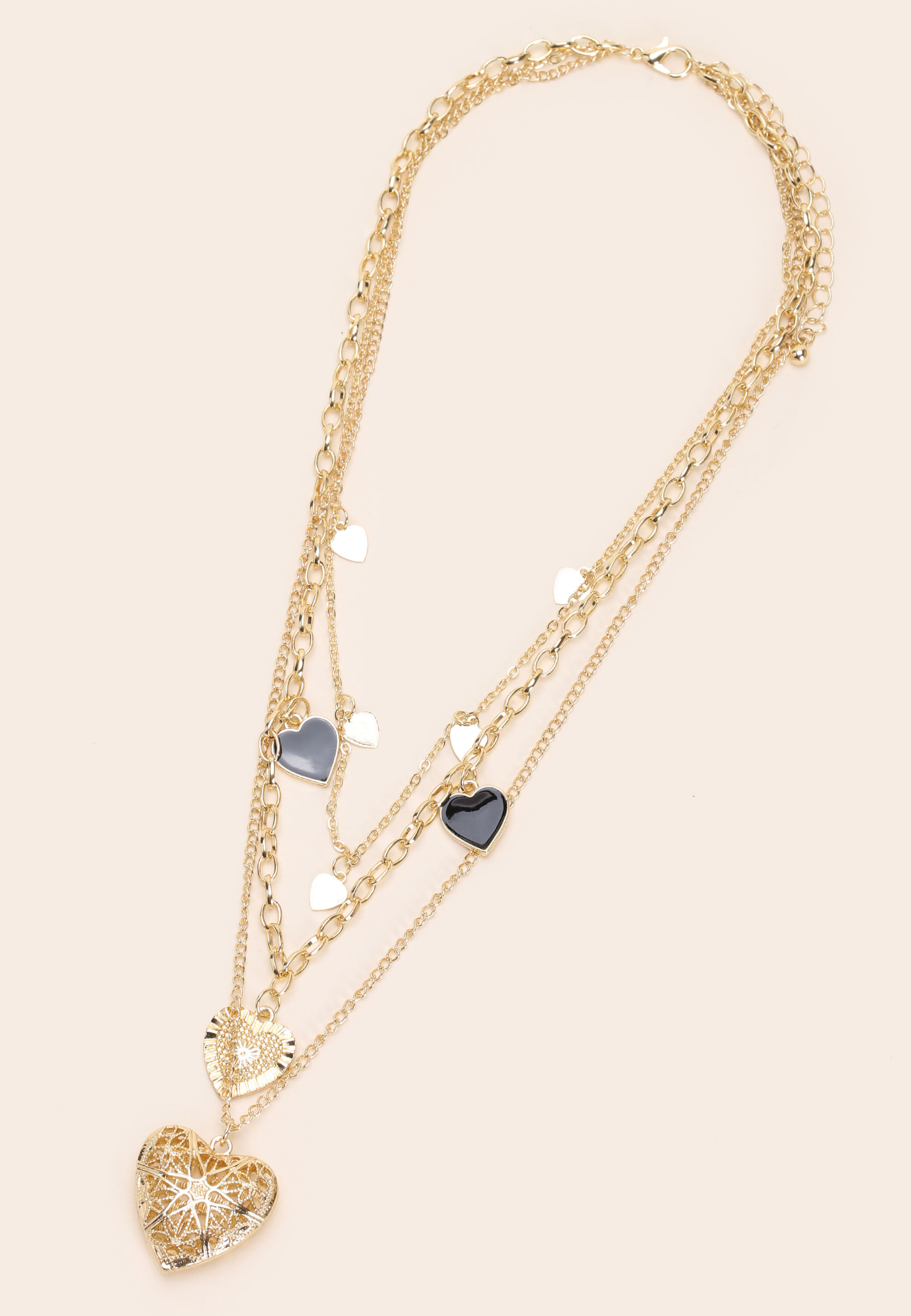 Womens Gold 3 Row Heart Pendant Layered Necklace