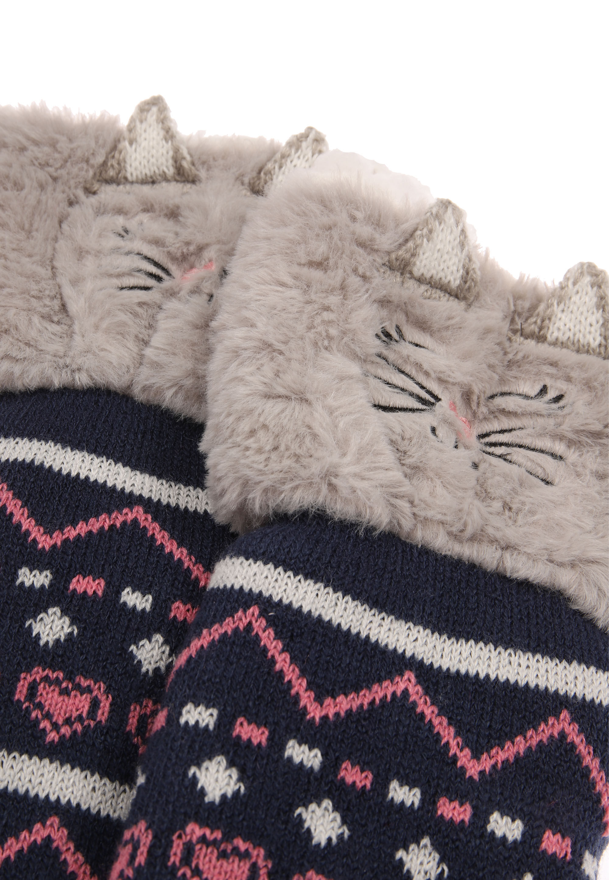 Womens 1pk Navy Fairisle Cat Slipper Socks