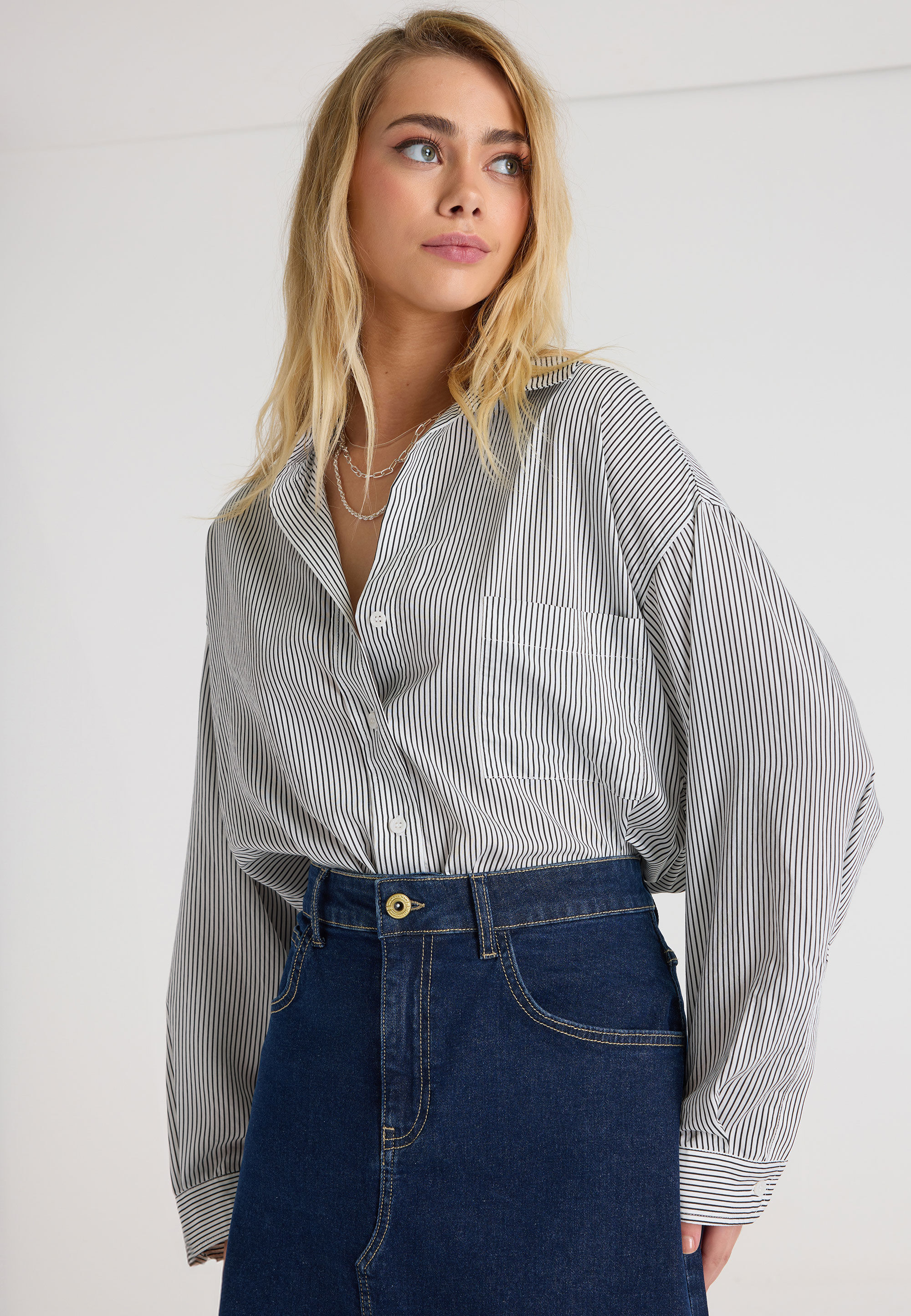 Womens Black & White Stripe Lightweight Shirt
