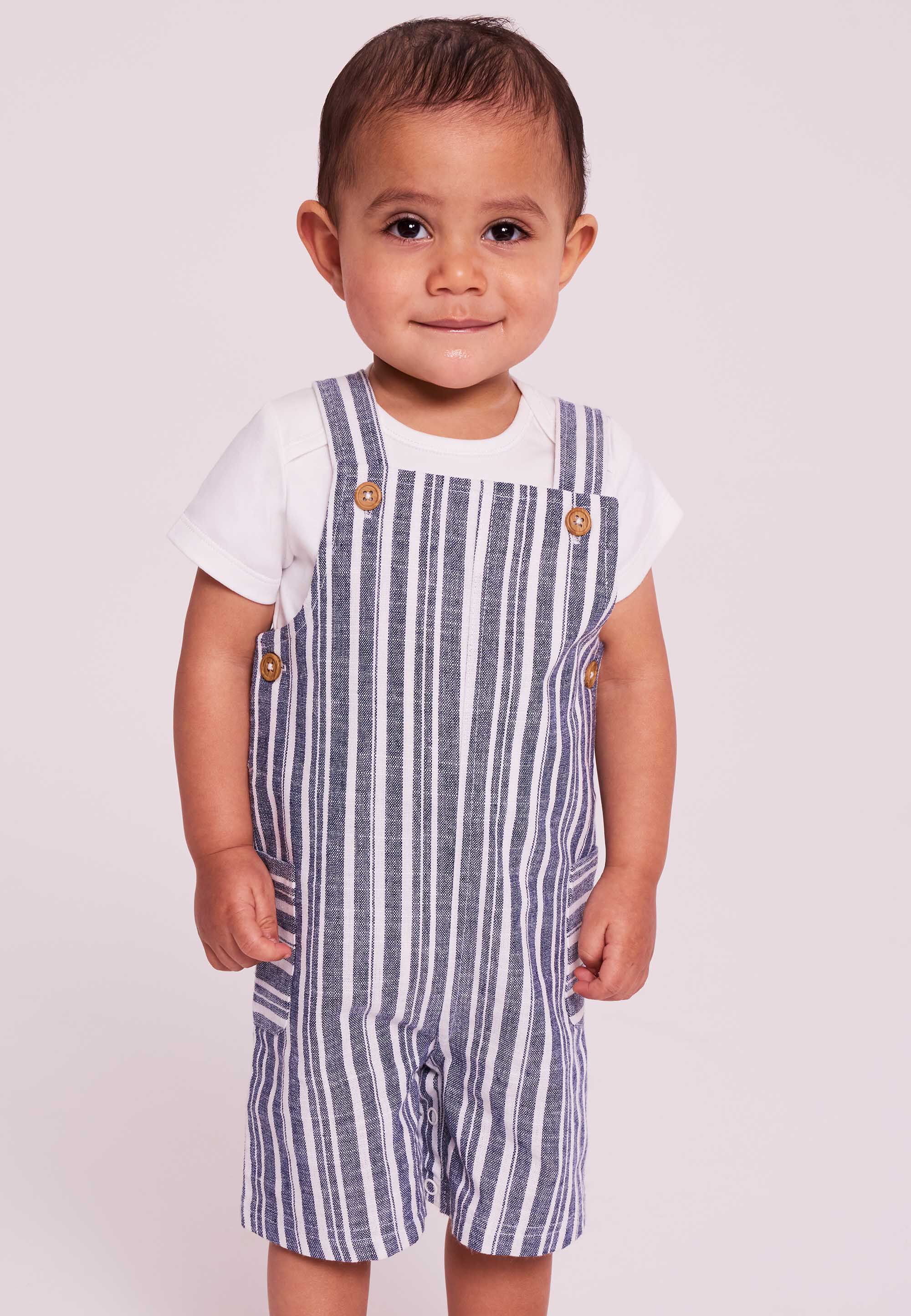 Baby Boys Blue Stripe Dungaree & White Body Set