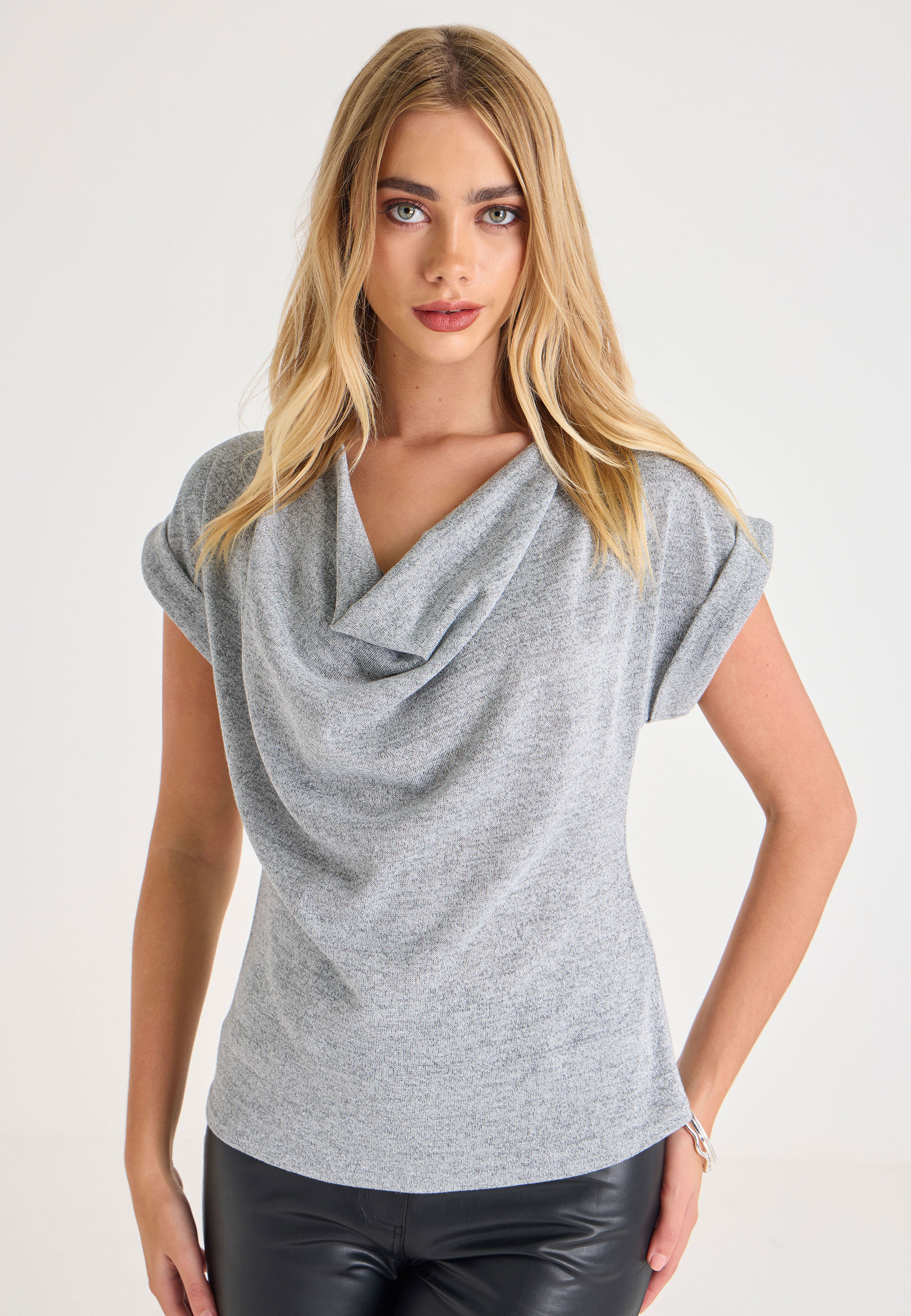 Womens Silver Metallic Cowl Neck Top