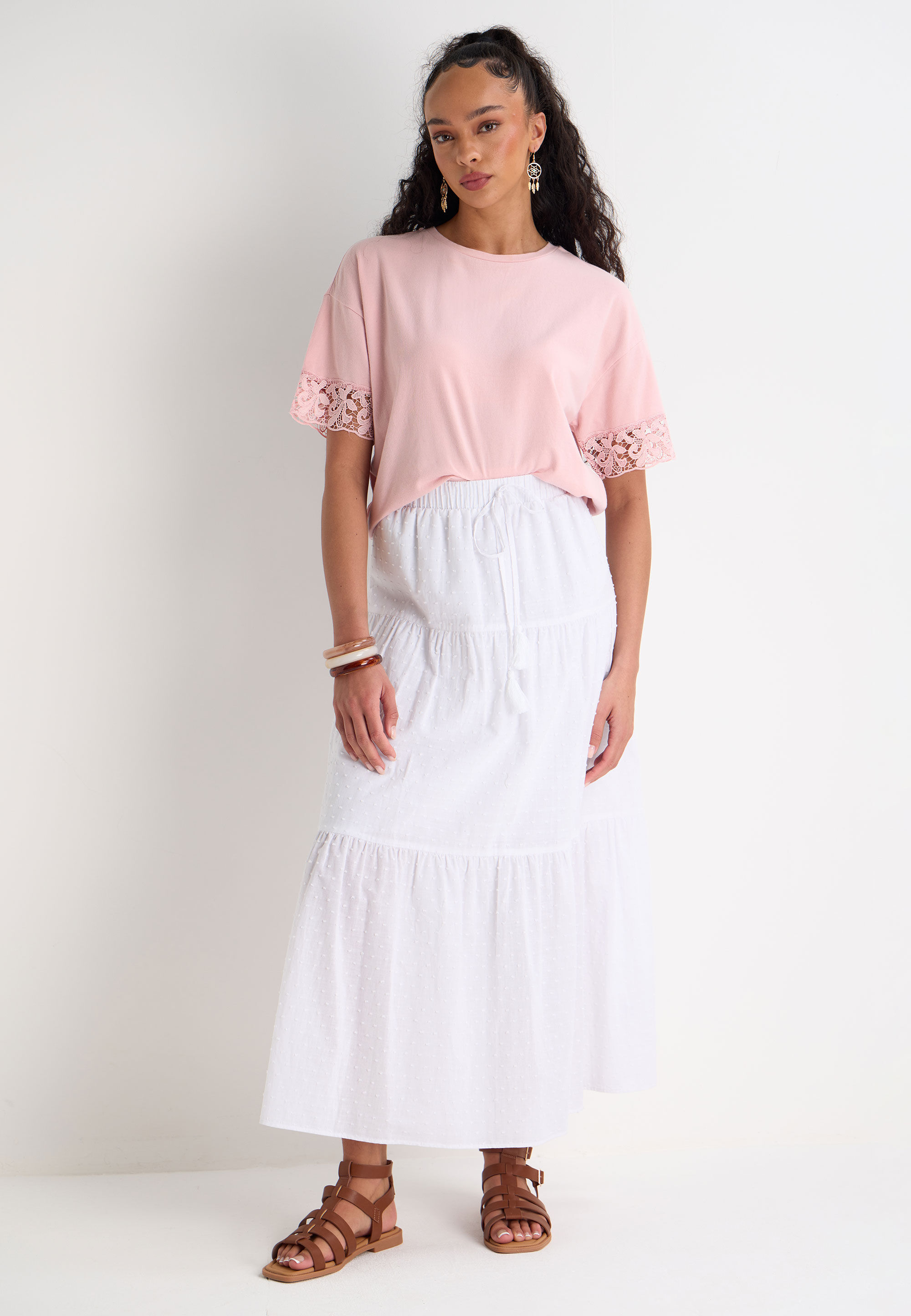 Womens Pink Acid Wash Short Lace Sleeve T-shirt