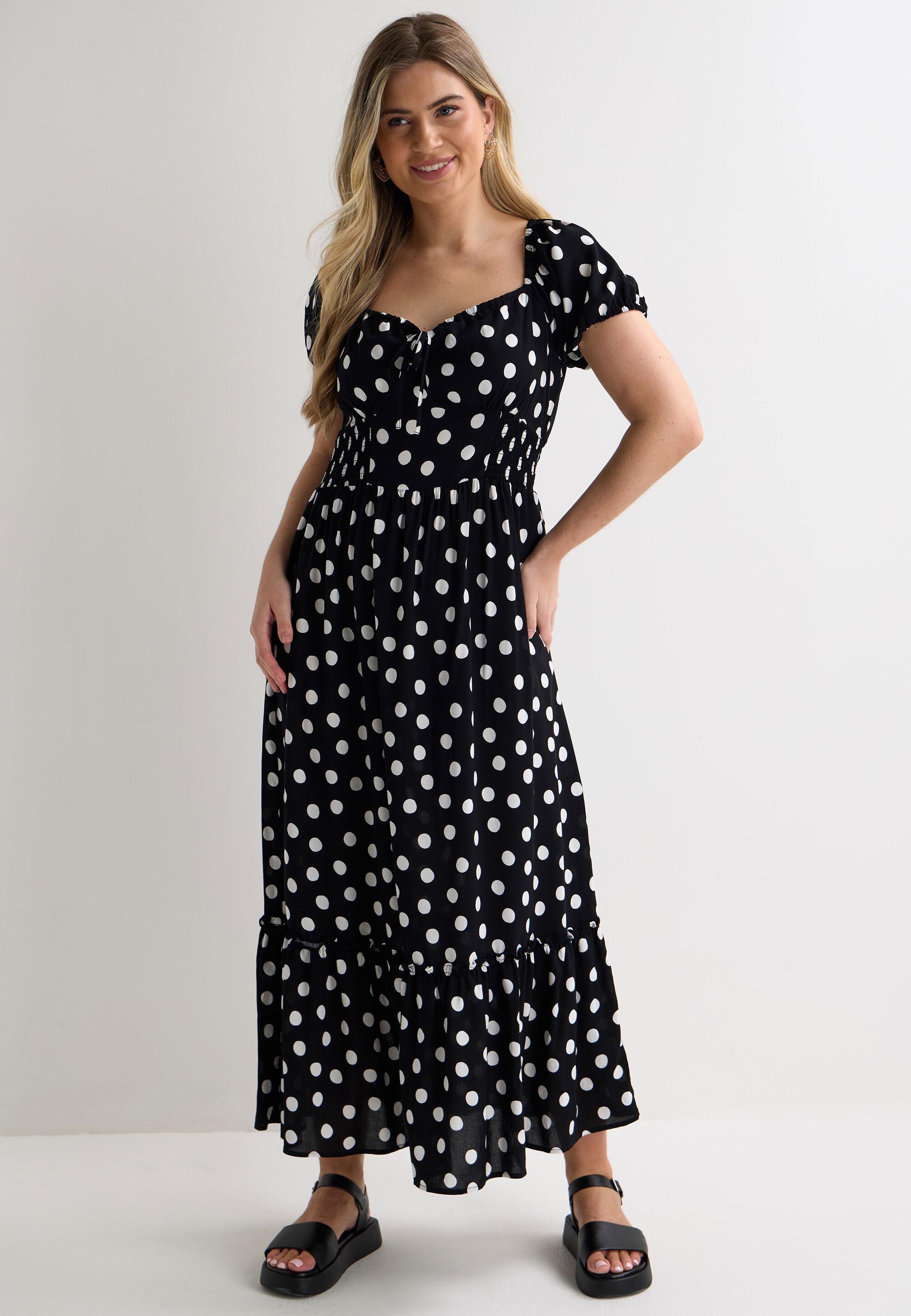 Womens Black & White Spot Milkmaid Midi Dress