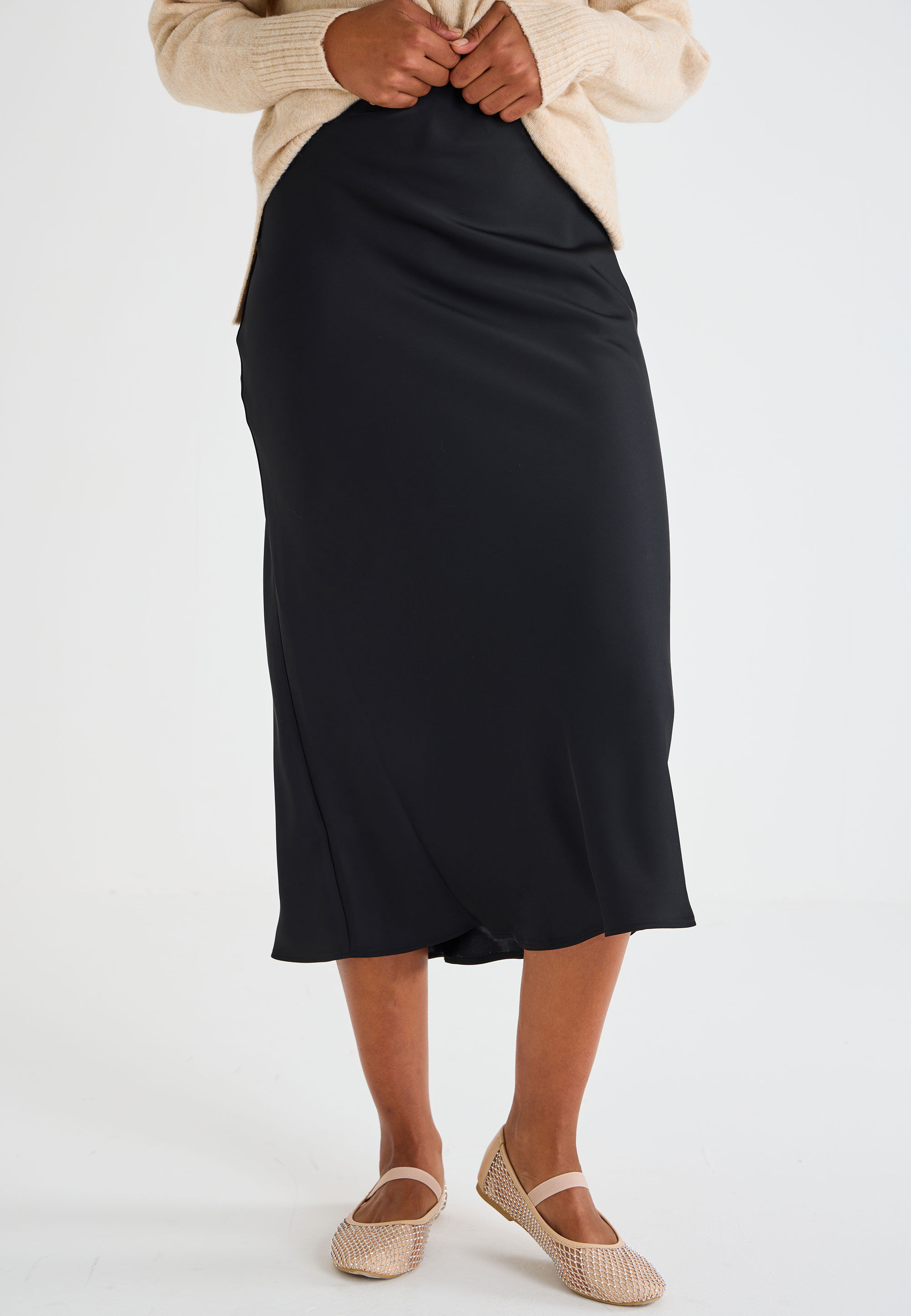 Womens Black Plain Satin Midi Skirt