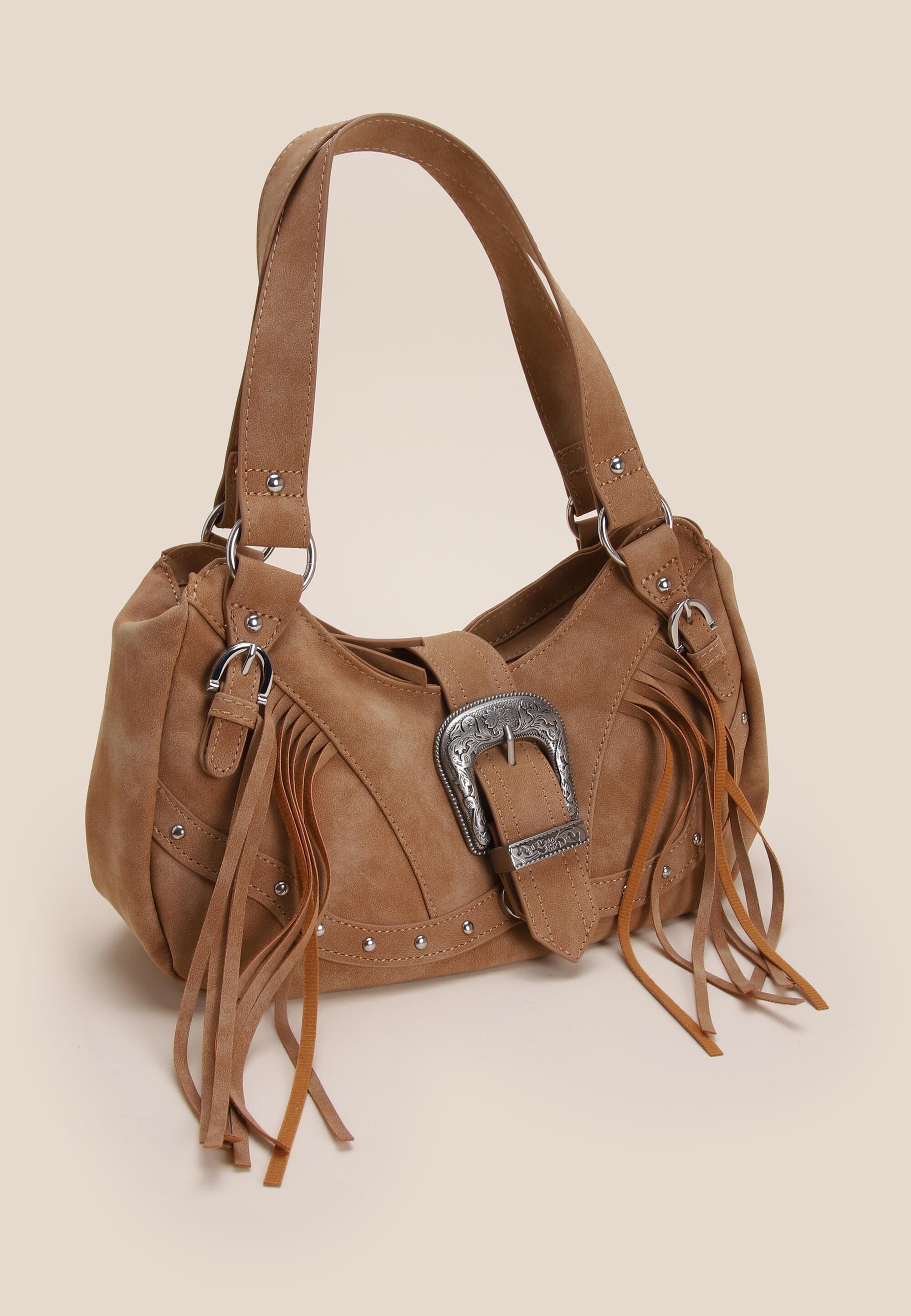 Womens Brown Western Buckle Fringe Shoulder Bag