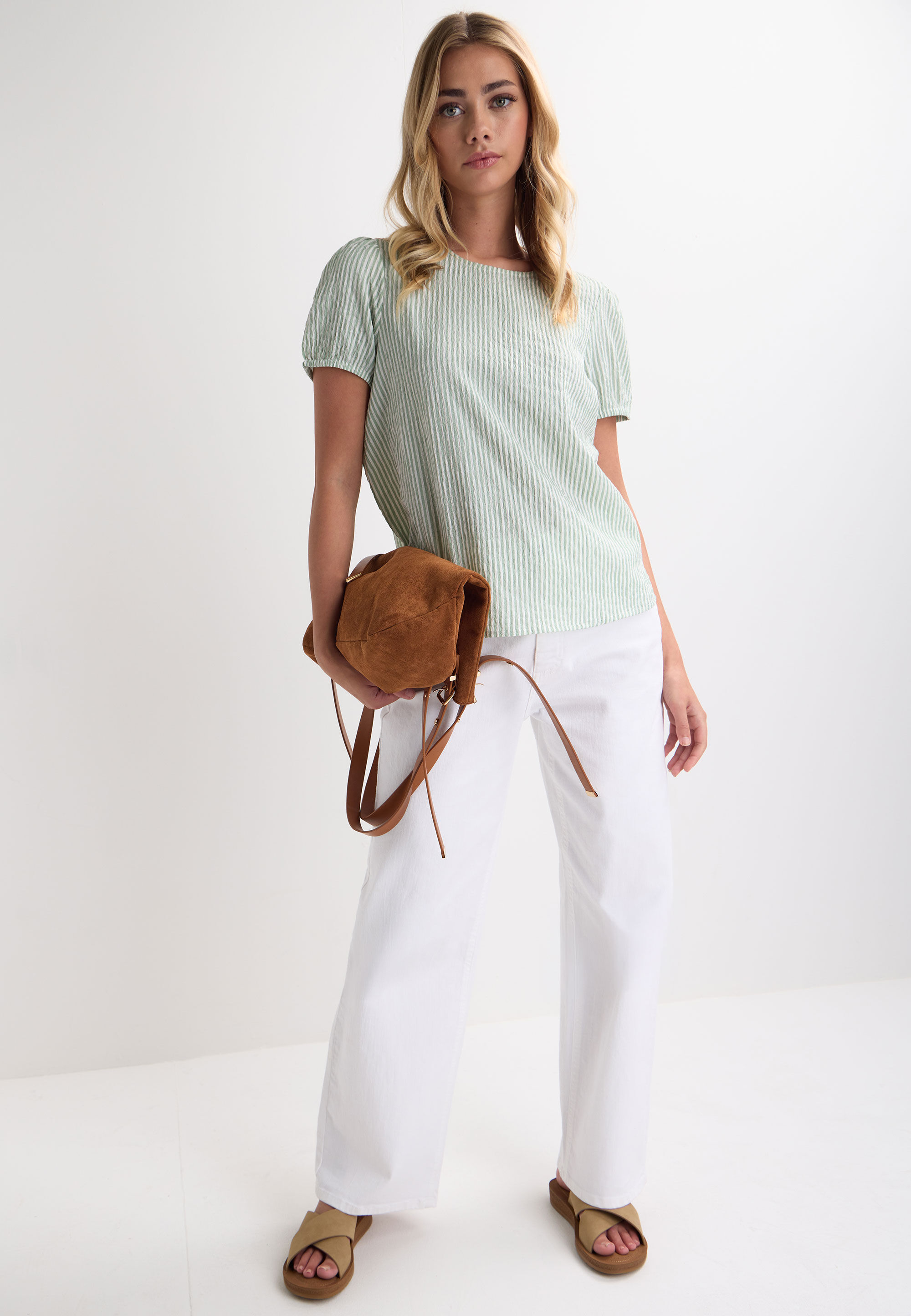 Womens Sage Stripe Print Textured Top