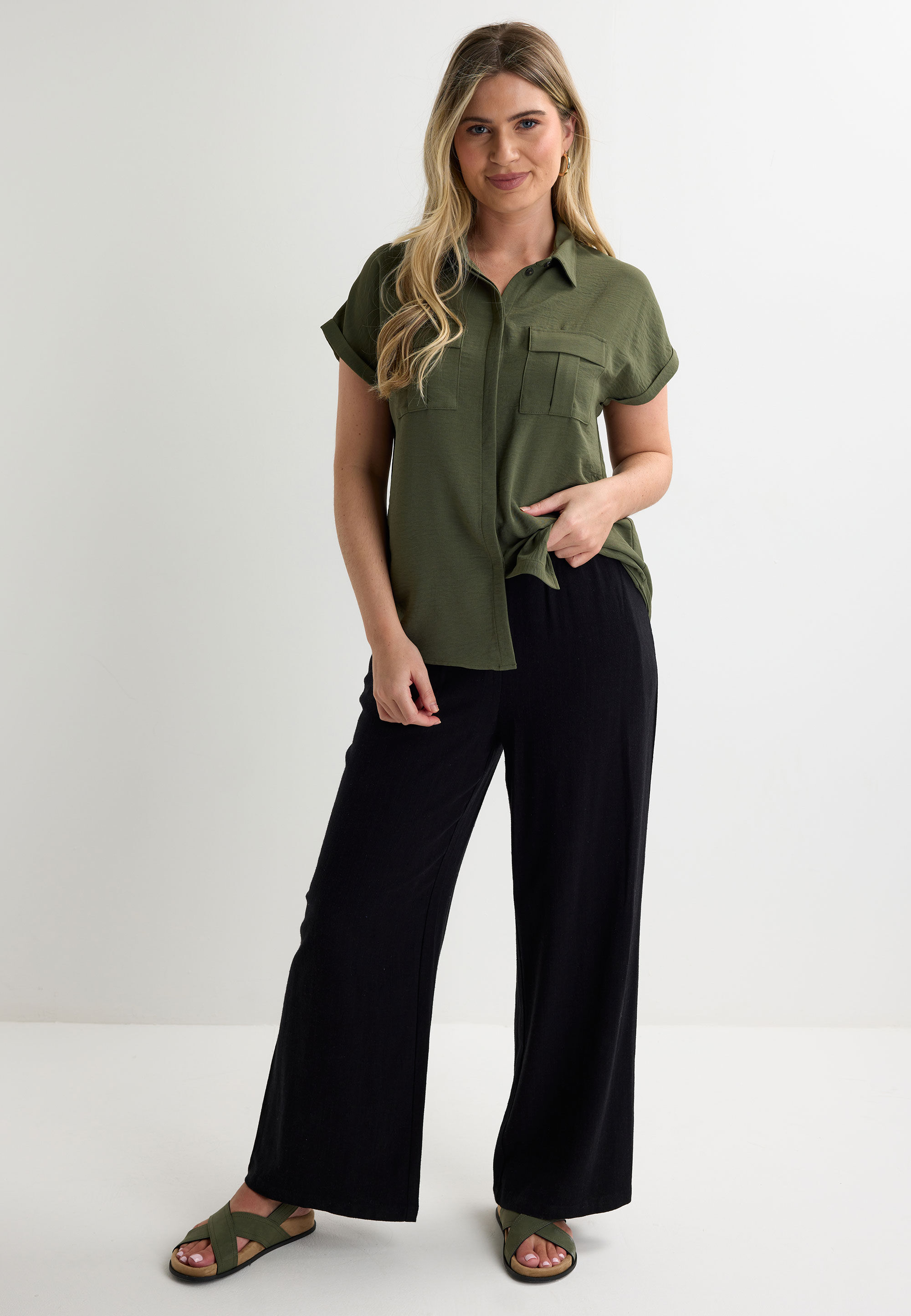 Womens Khaki Plain Utility Short Sleeve Shirt