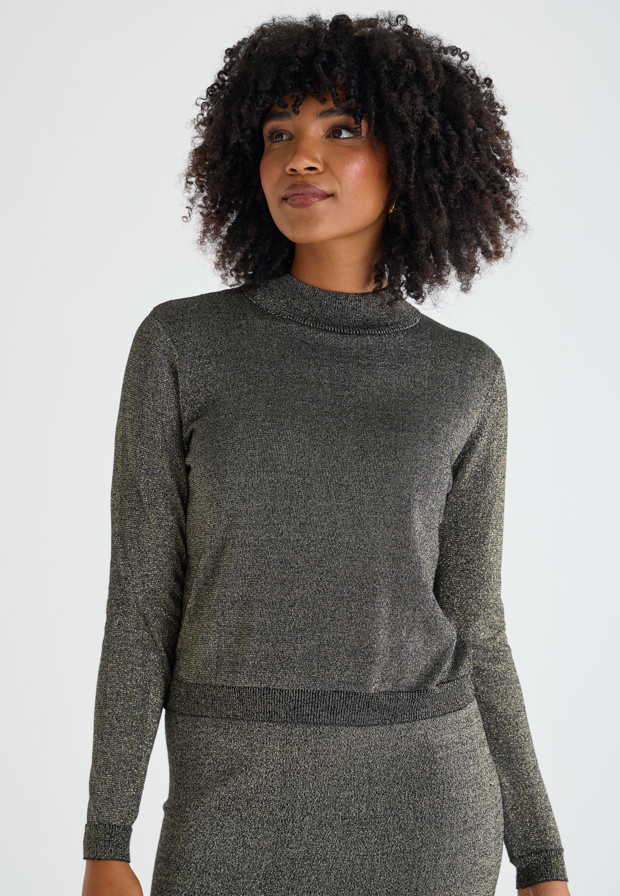 Womens Gold Lurex Turtle Neck Jumper