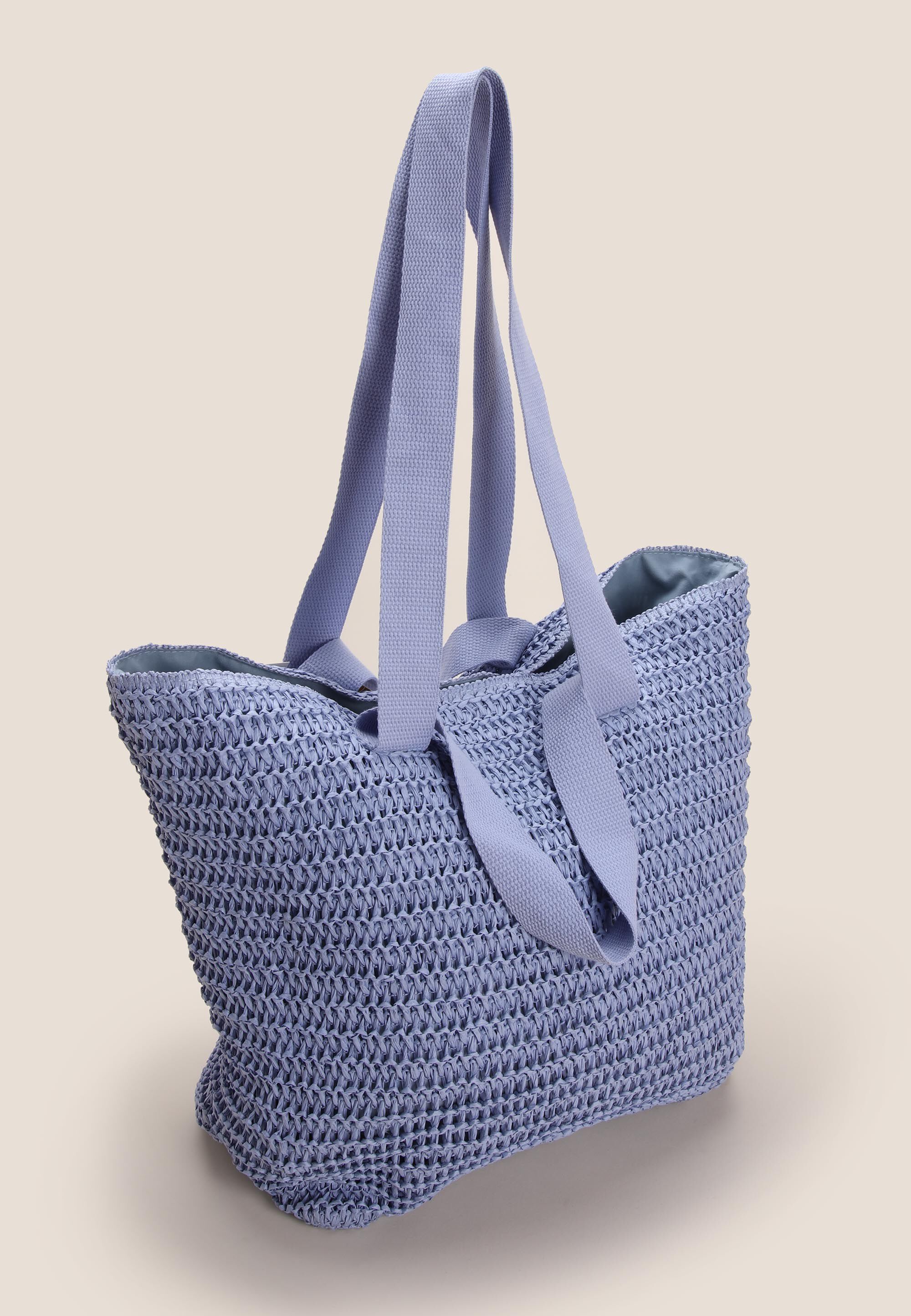 Womens Blue Straw Double Handle Tote Bag