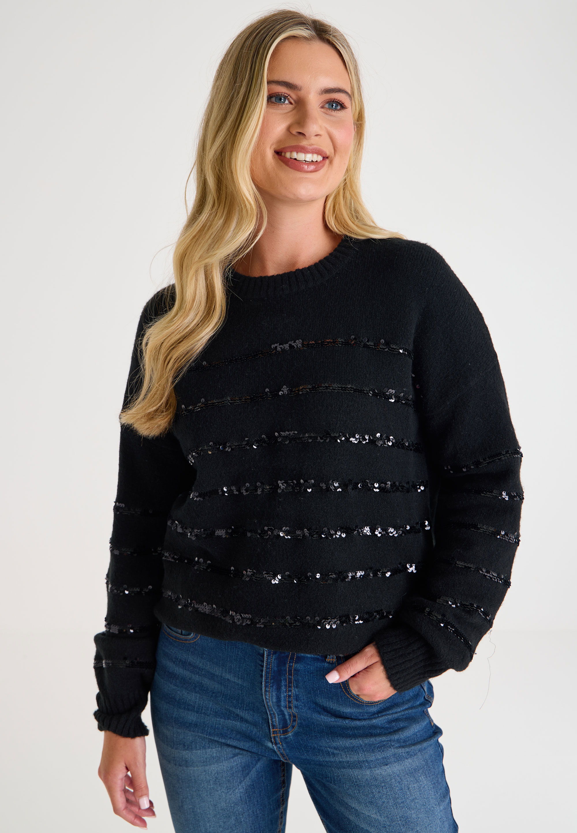 Womens Black Sequin Stripe Jumper