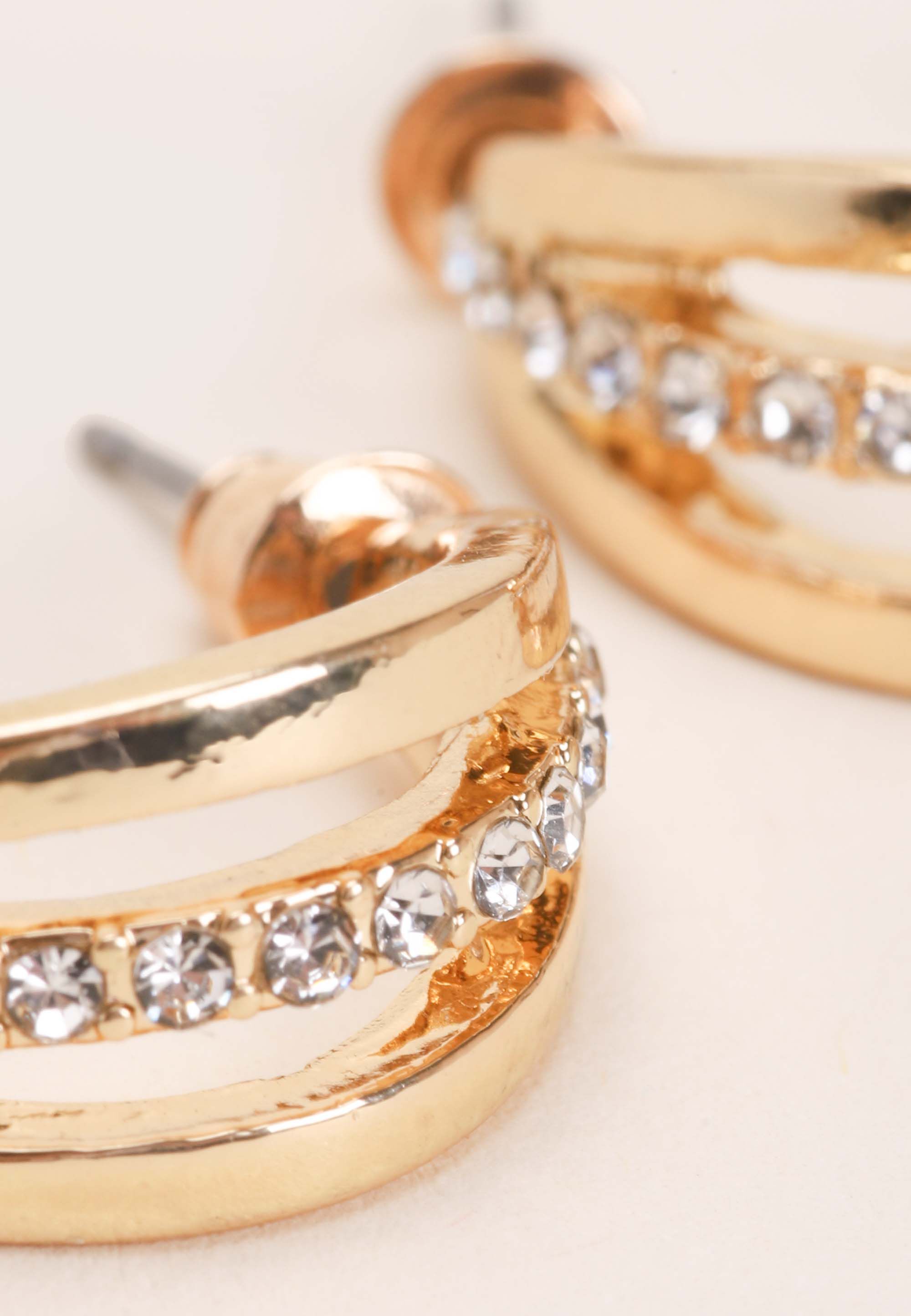 Womens Gold Triple Hoop Diamante Earrings