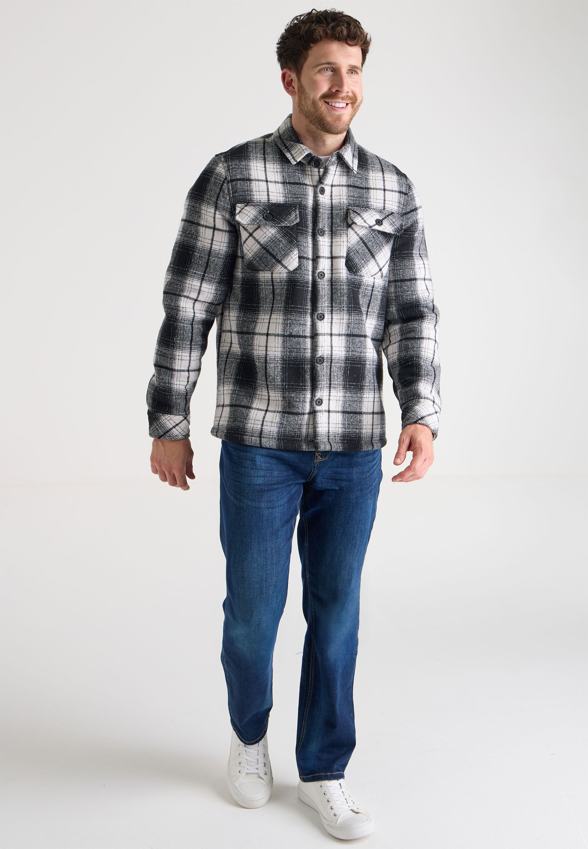 Mens Black & White Sherpa Lined Check Shirt