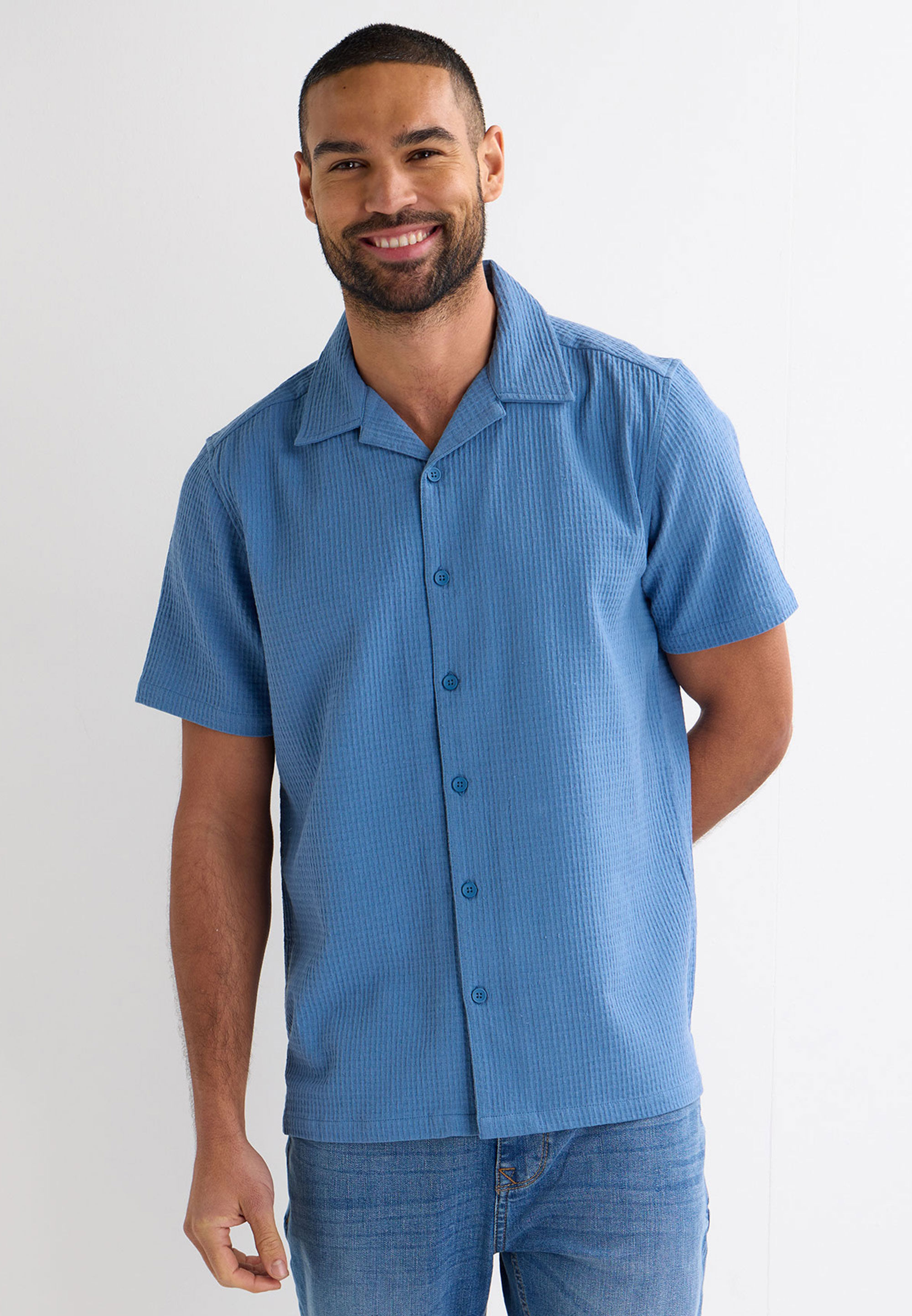 Mens Blue Waffle Textured Short Sleeve Shirt