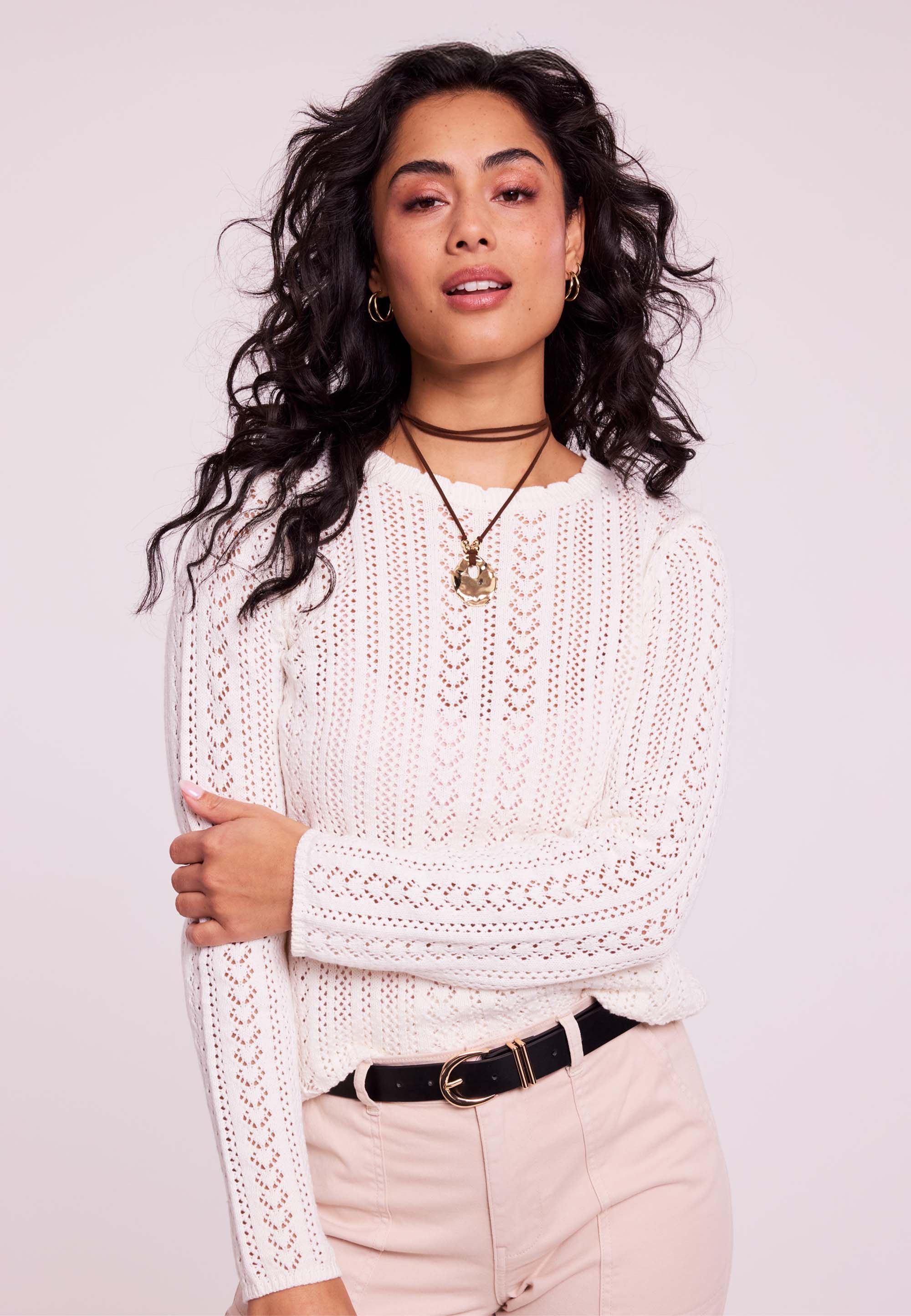 Womens Cream Crochet Knit Jumper