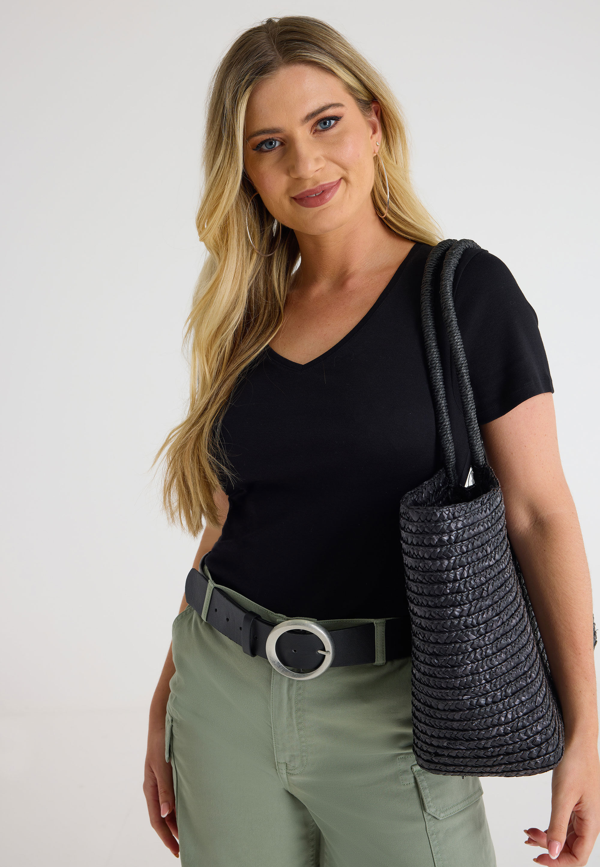 Womens Black V-Neck Rib Top