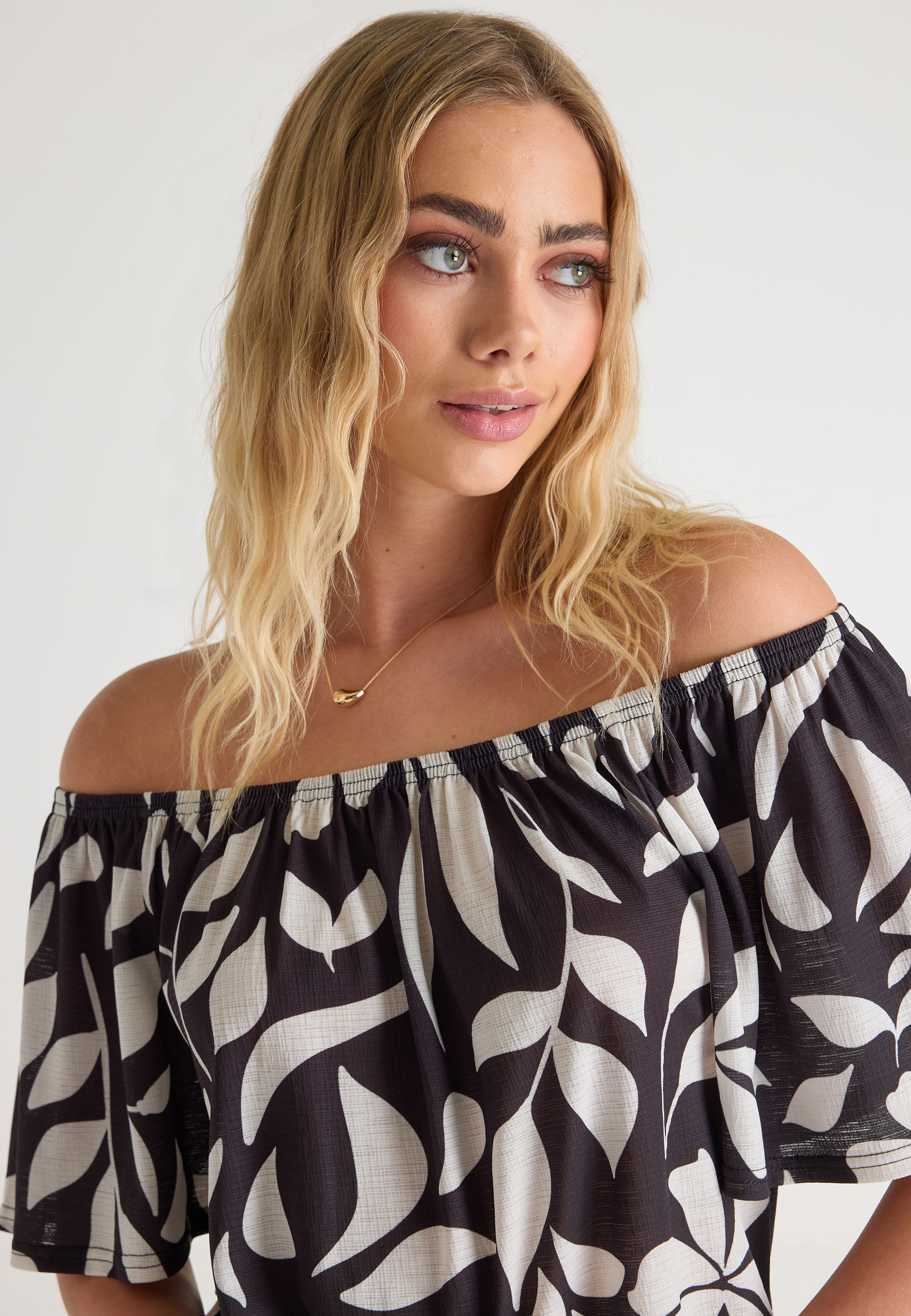 Womens Black & White Floral Bardot Top