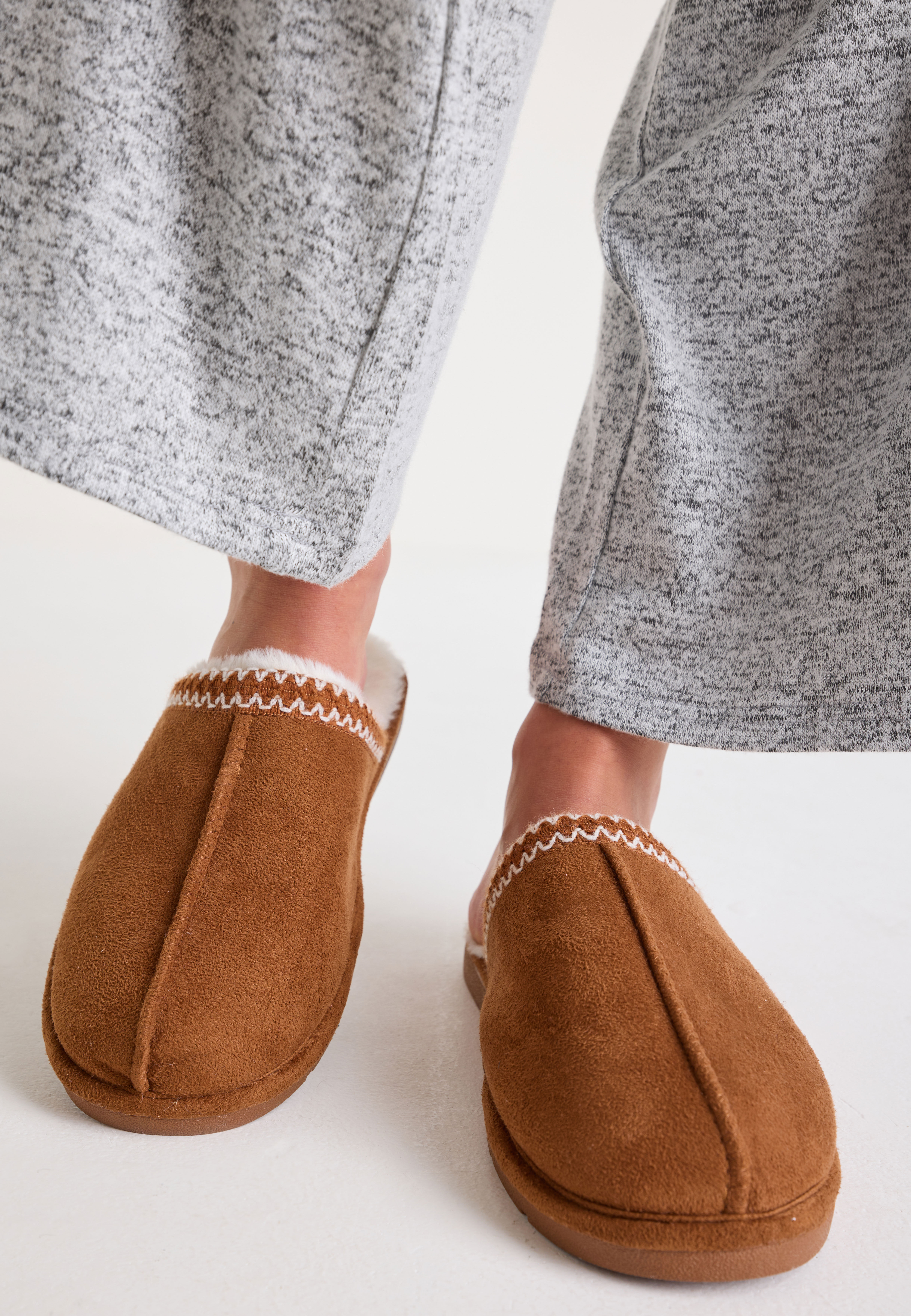 Womens Tan Embroidered Mule Slippers