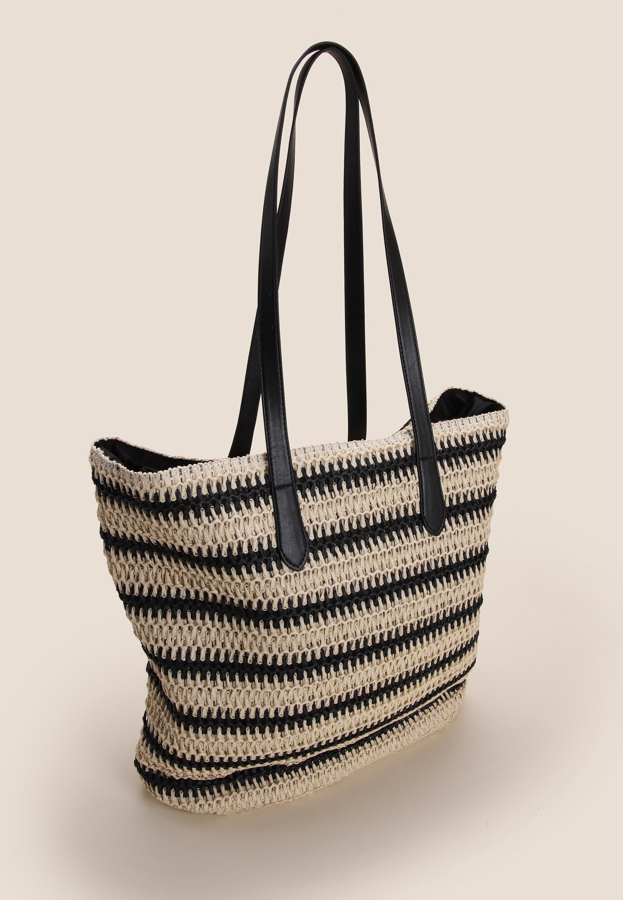 Womens Black Stripe Straw Tote Bag