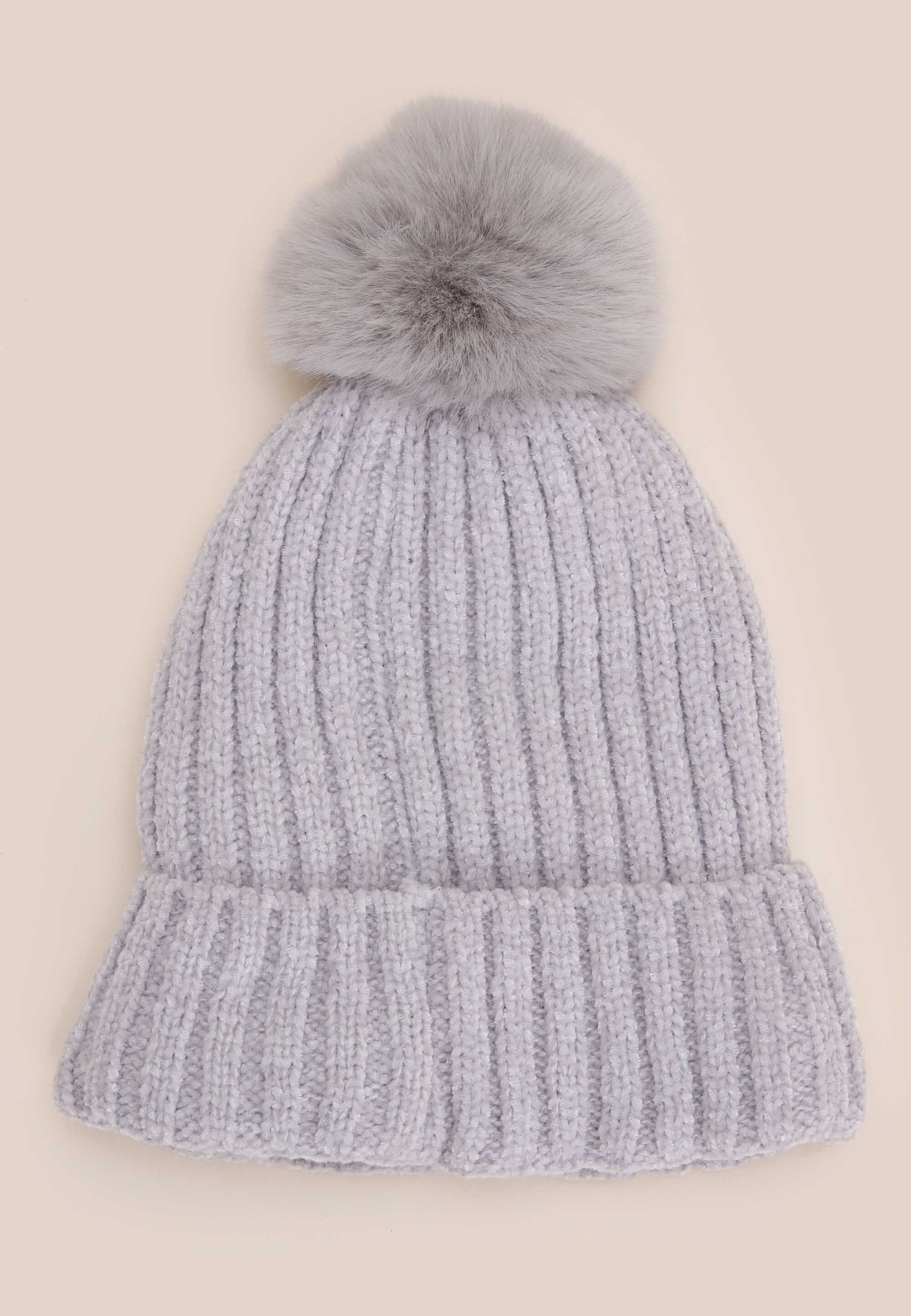 Womens Grey Knit Thinsulate Bobble Beanie Hat