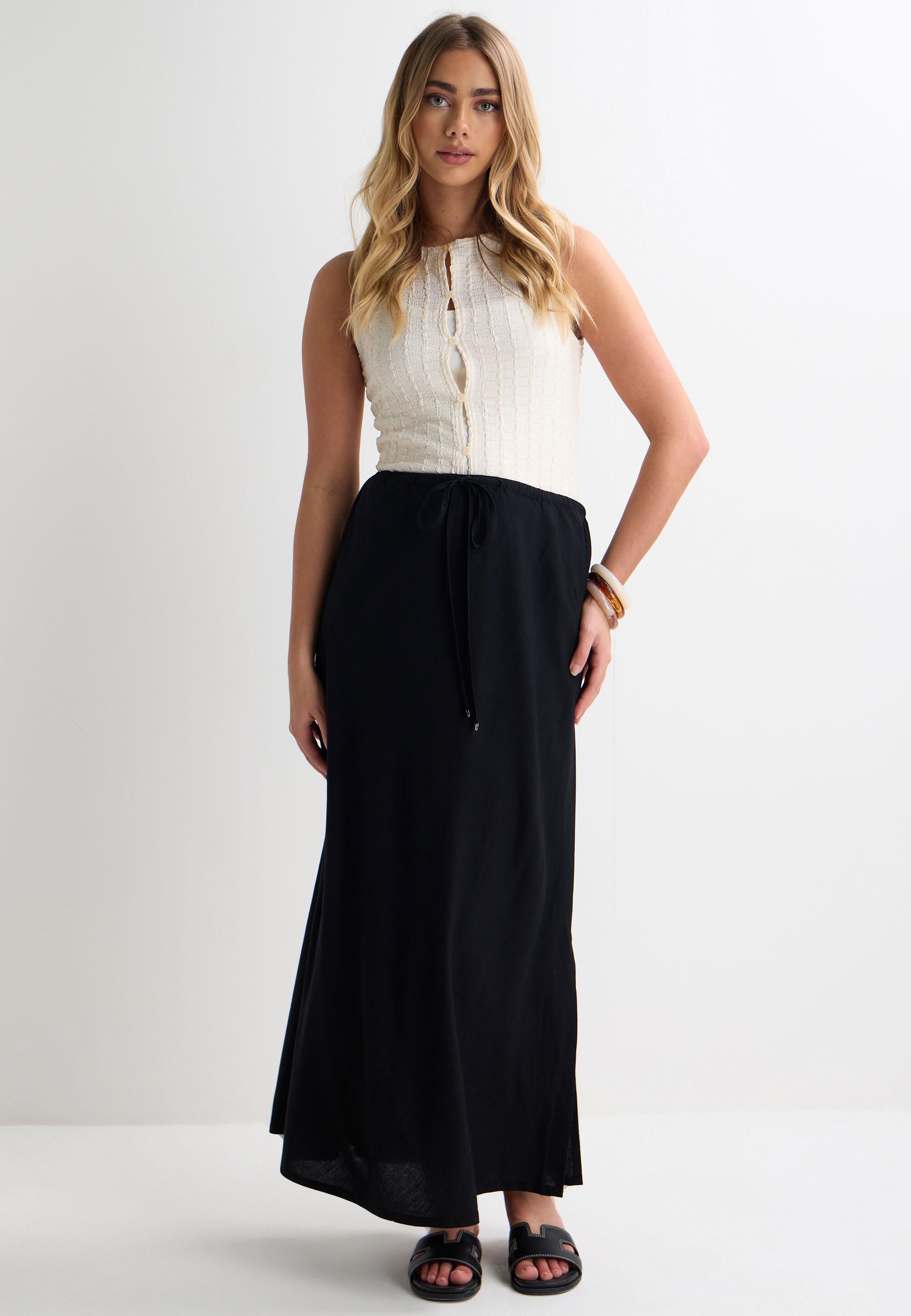Womens Black Plain Linen Midi Skirt