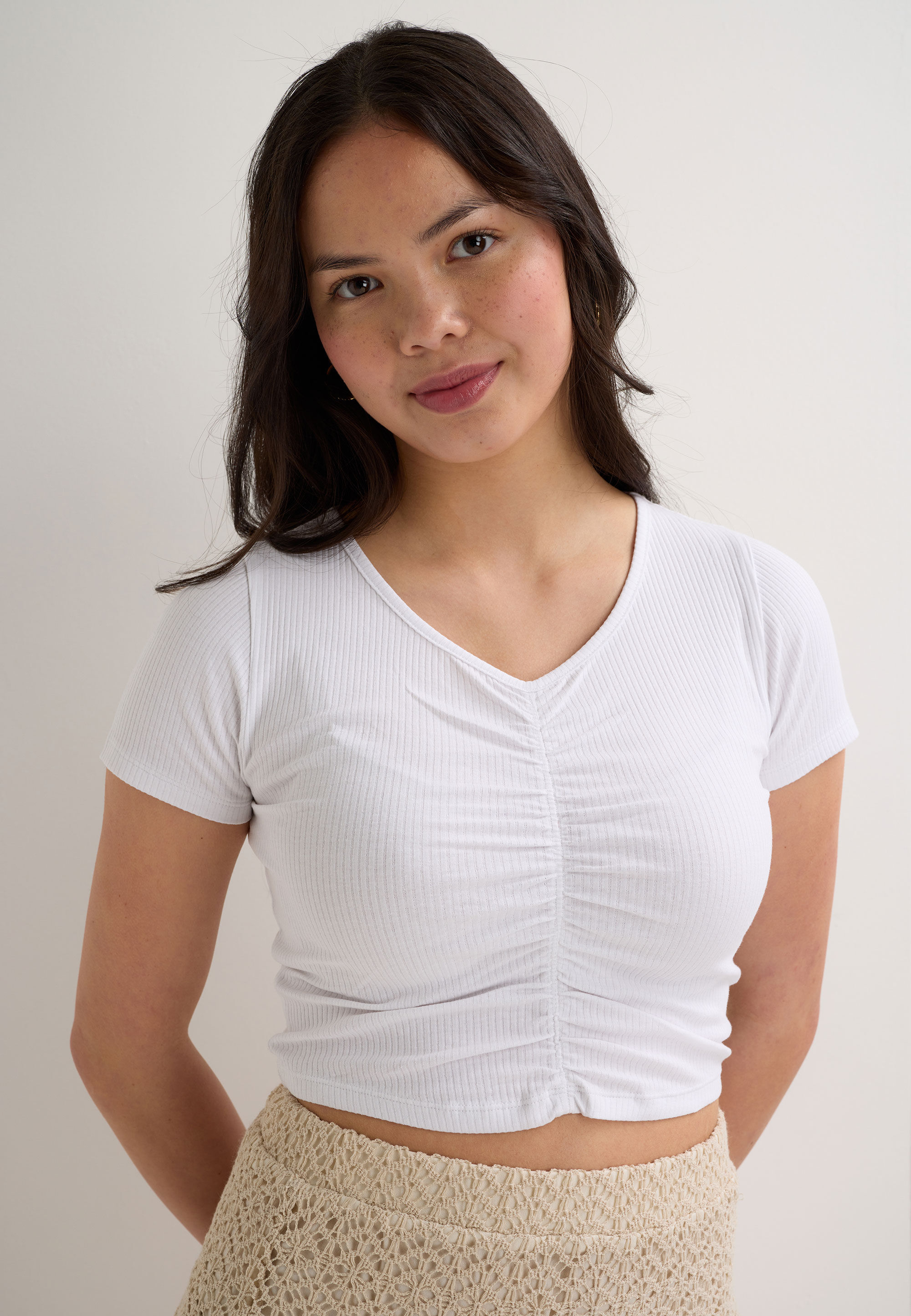 Older Girls White Ruched Crop Top
