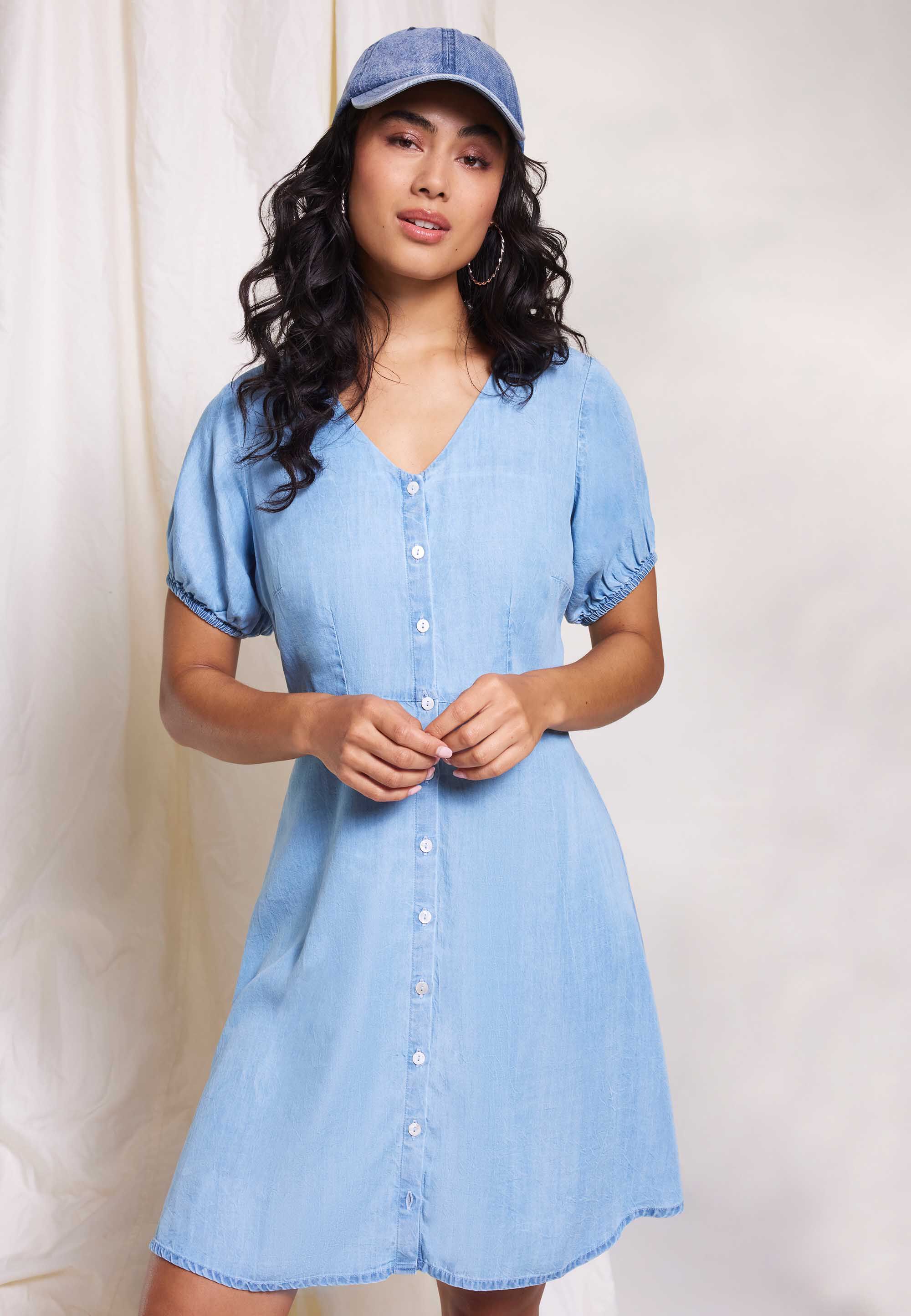 Womens Blue Denim Look Tea Dress