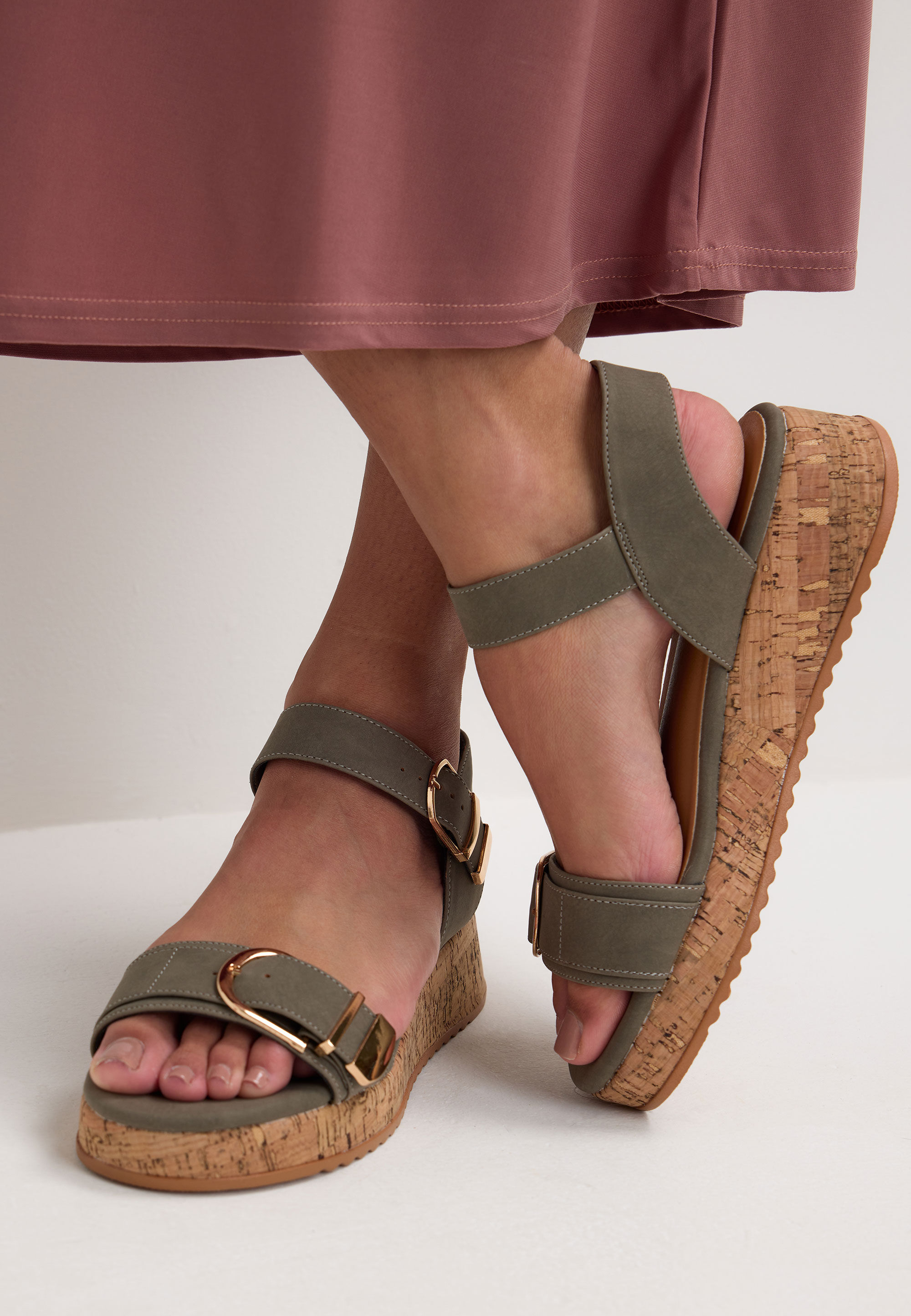 Womens Khaki Two Strap Wedge Sandals