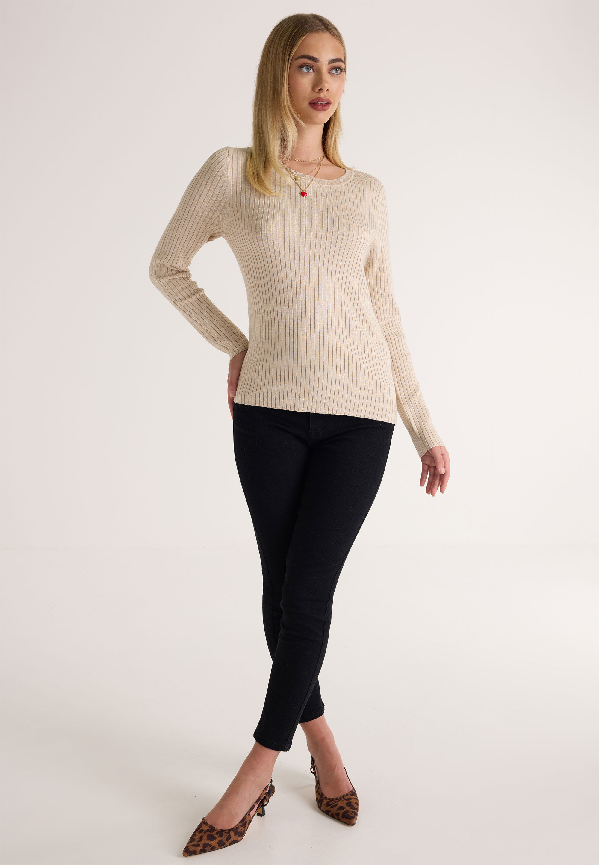 Womens Oatmeal Rib Crew Neck Jumper