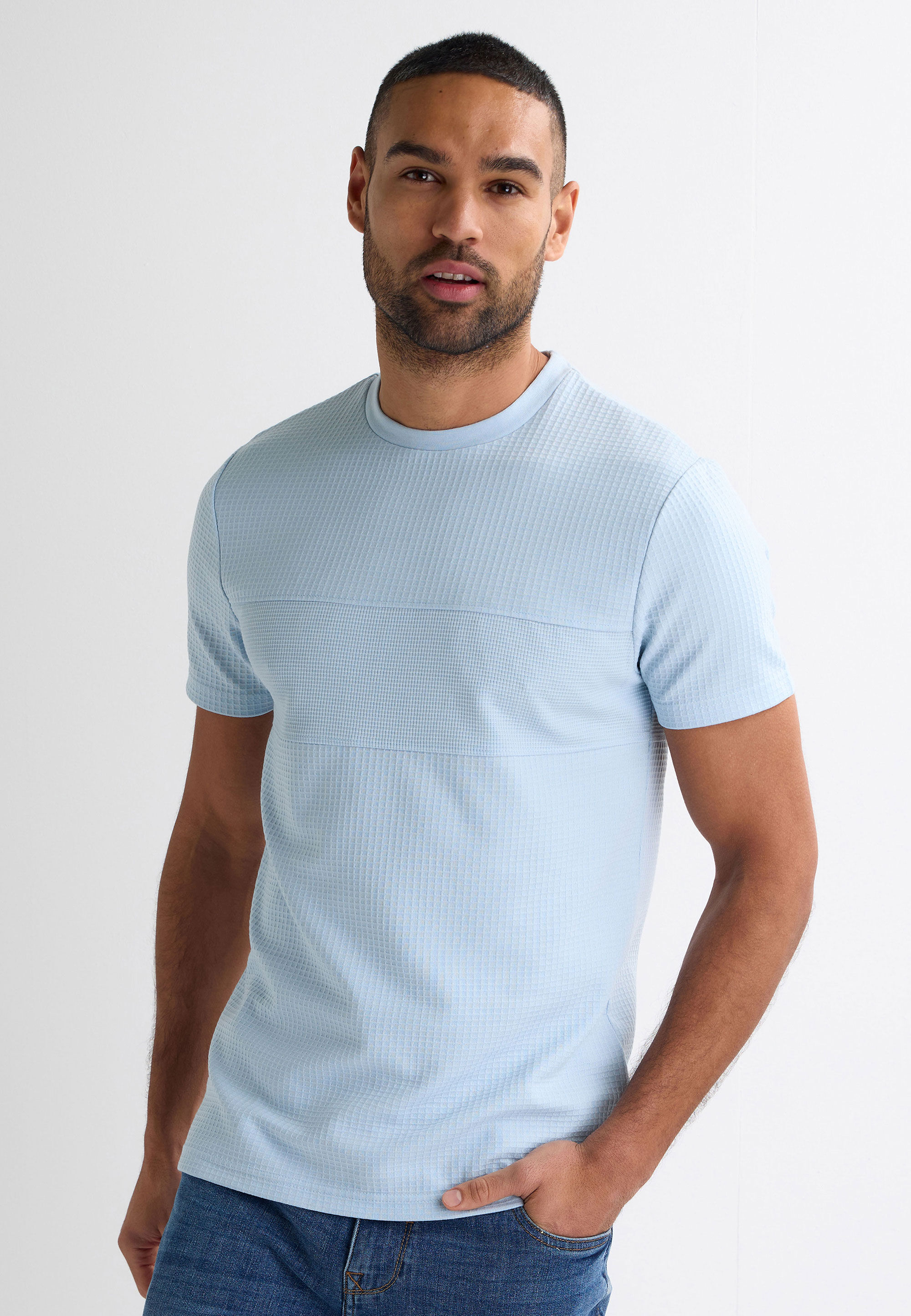 Mens Blue Textured Crew Neck T-Shirt