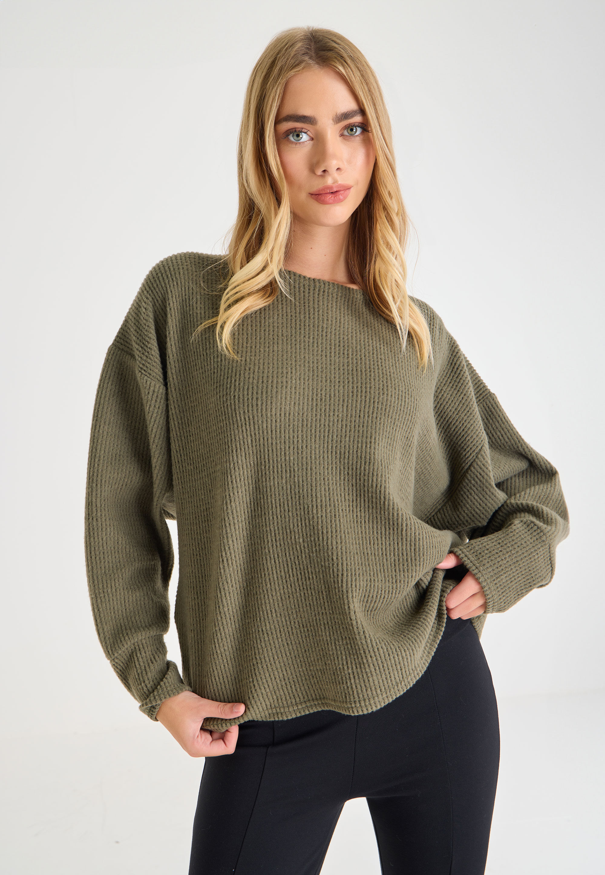 Womens Khaki Cosy Ribbed Batwing Sleeve Top