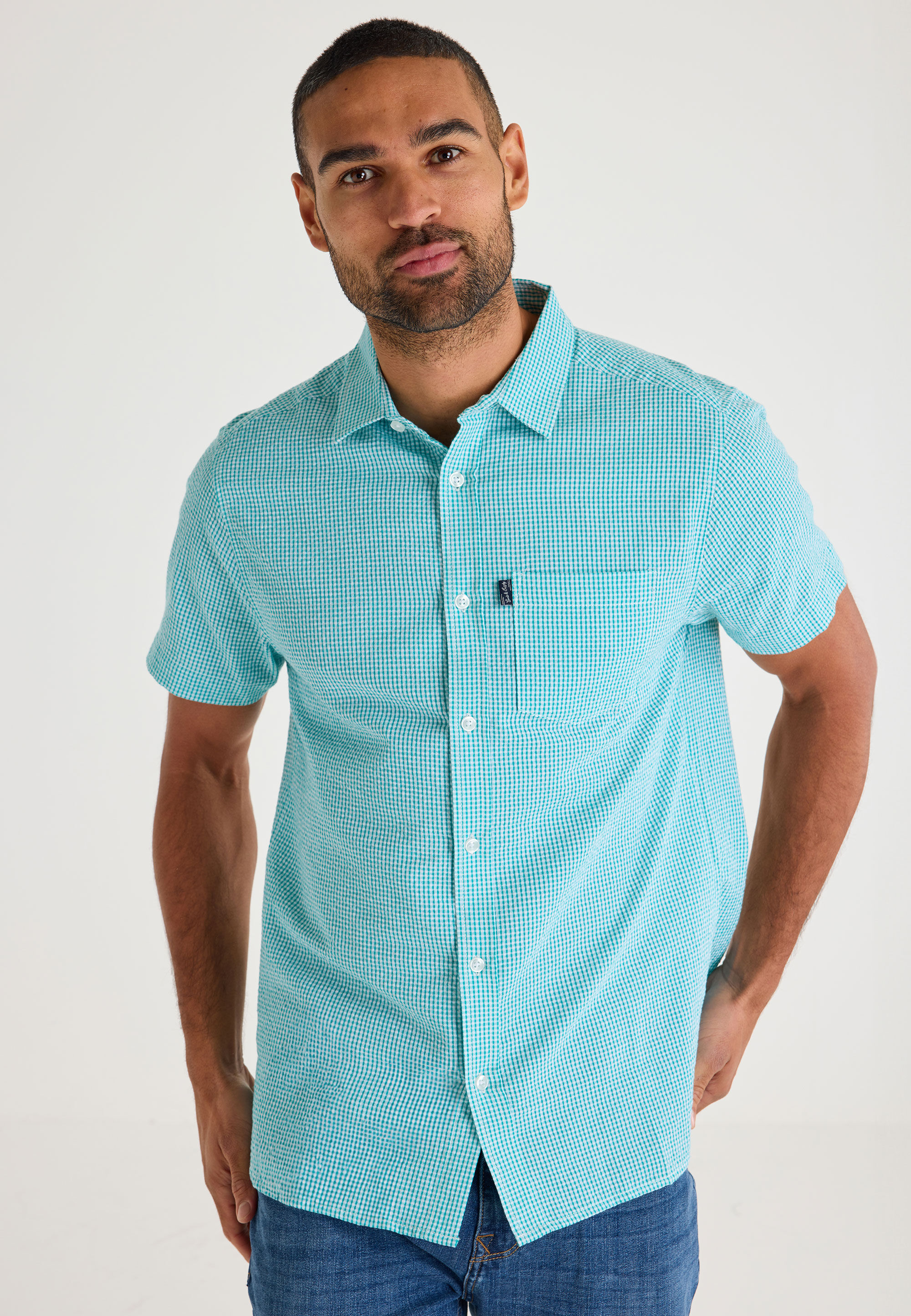 Mens Green Check Seesucker Cotton Shirt