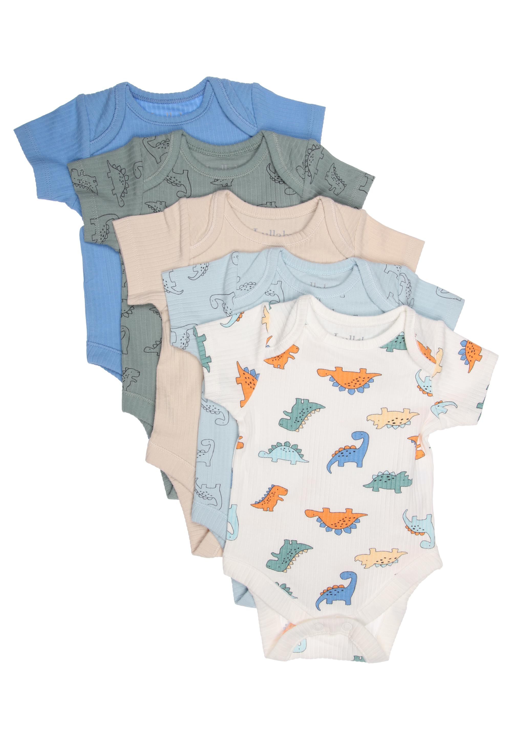 Baby Boys 5pk Blue Plain & Dinosaur Bodysuits