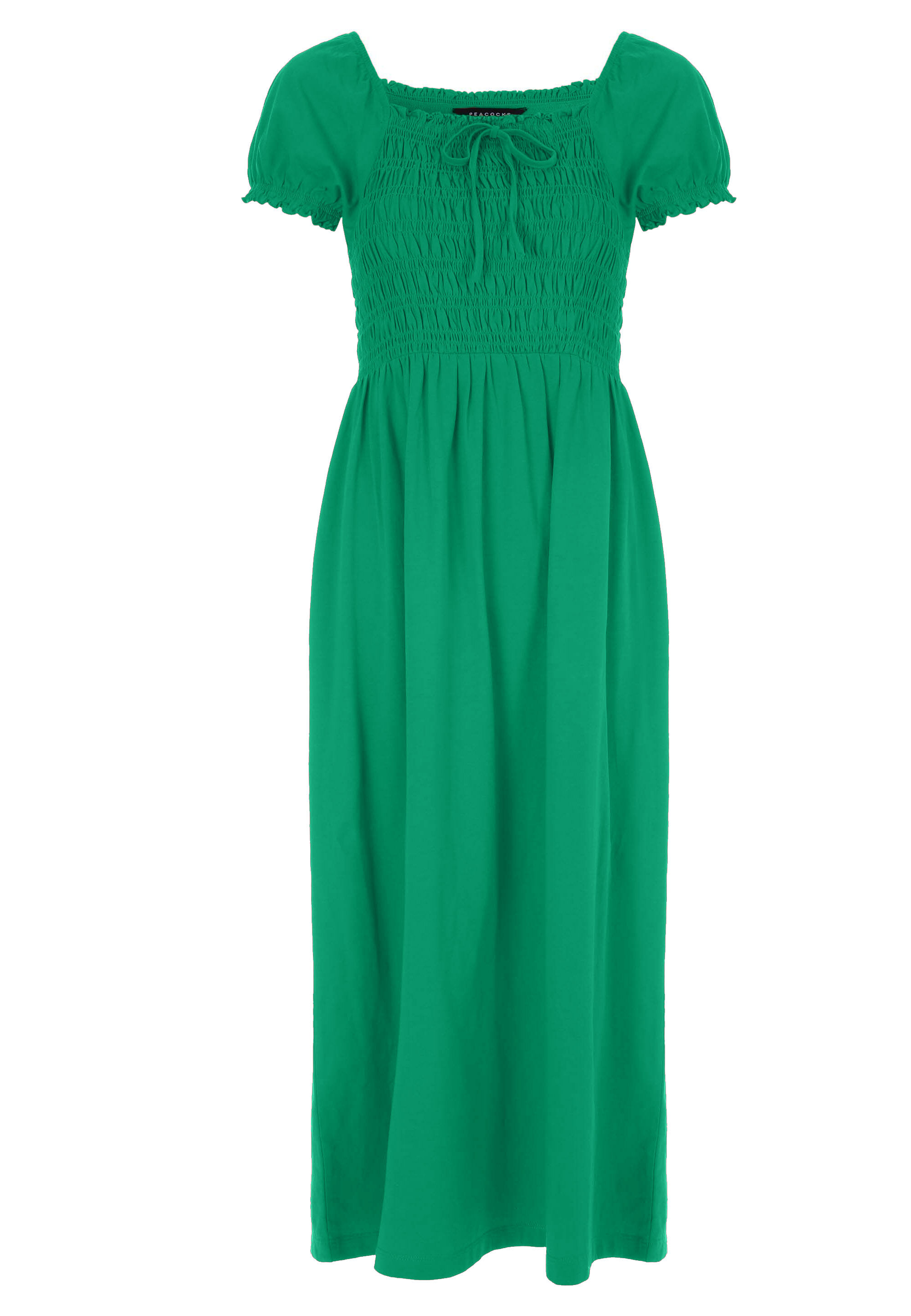 Womens Green Shirred Milkmaid Tie Detail Midi Dress