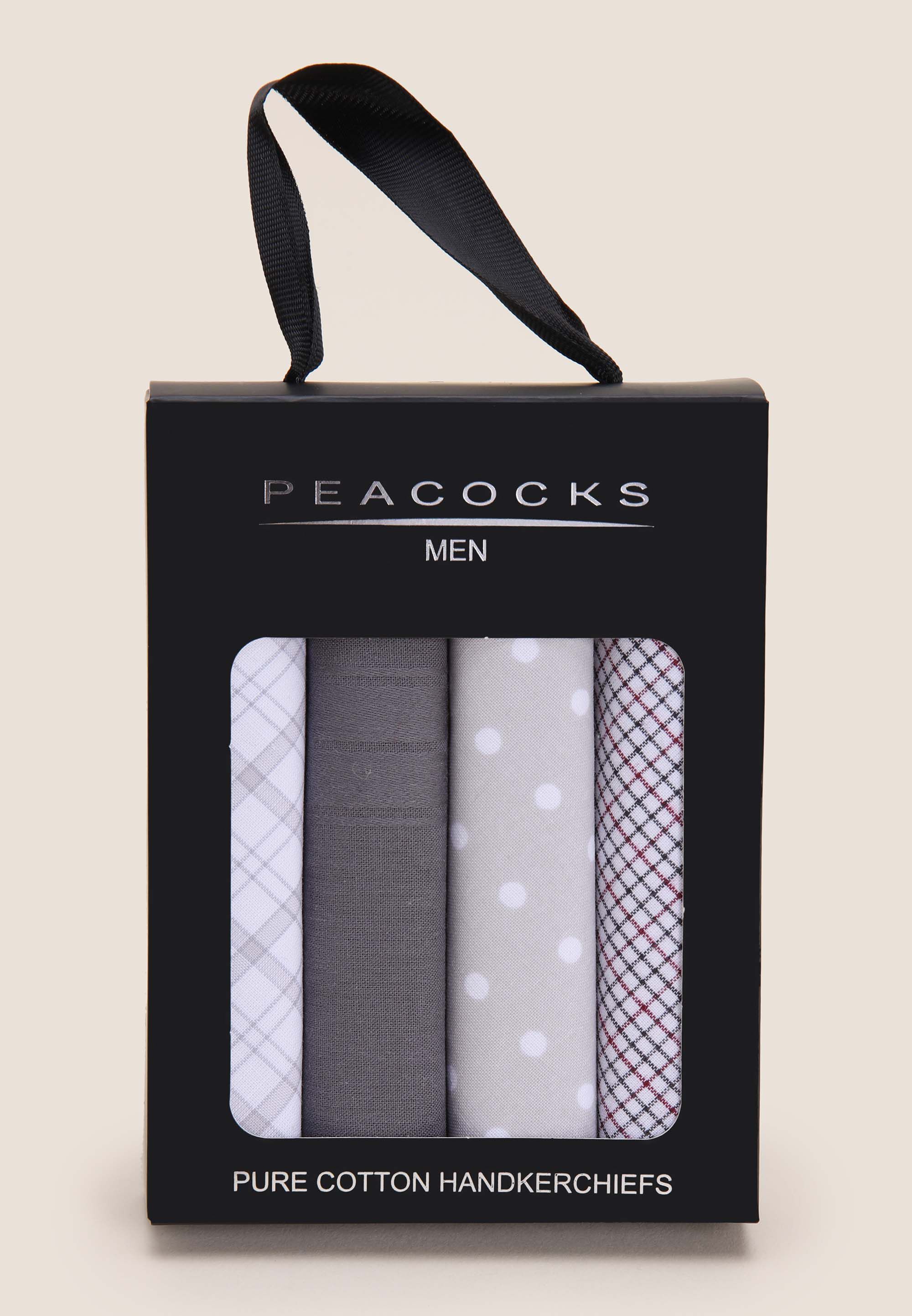 Mens 4pk Grey Check Cotton Handkerchiefs