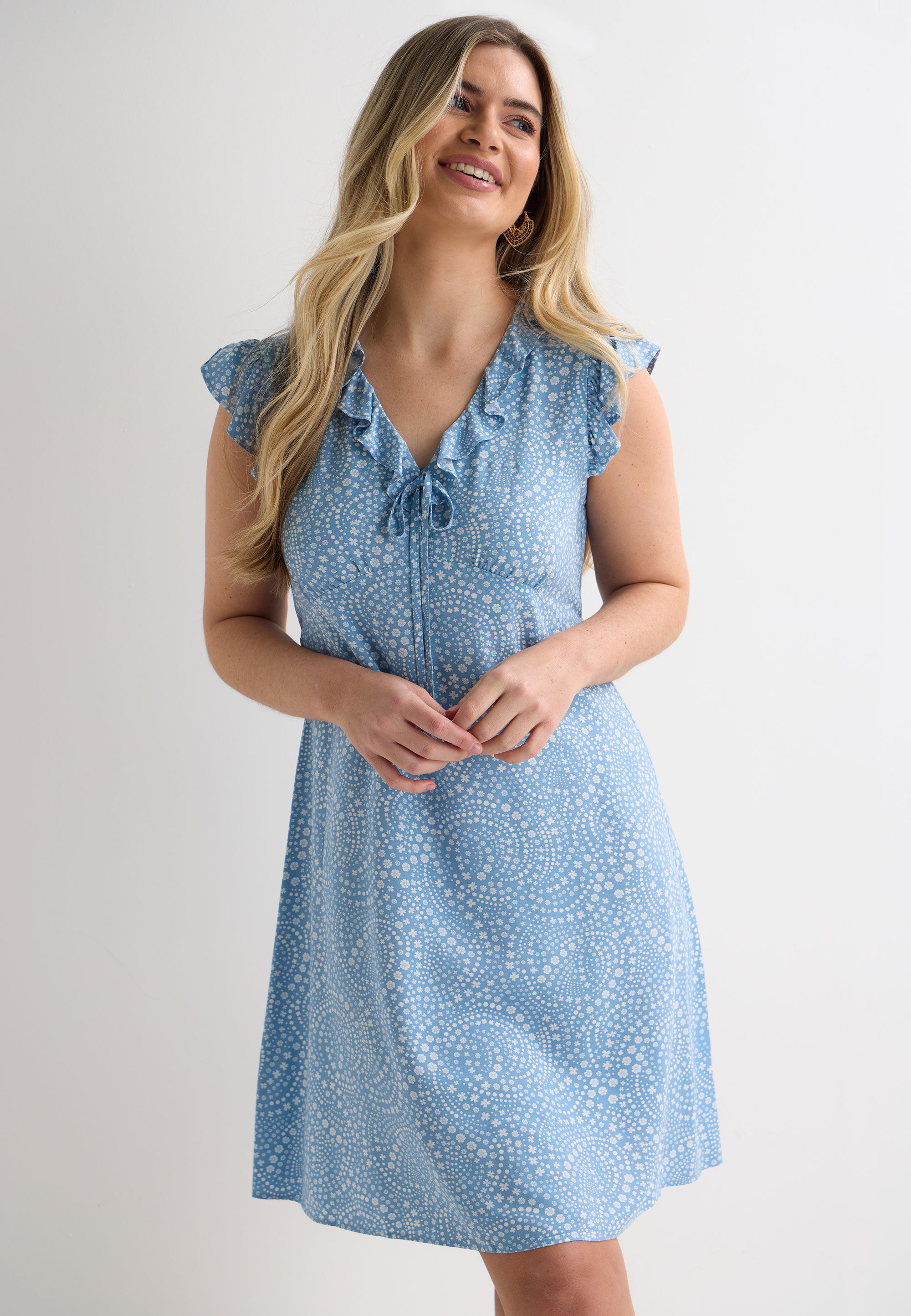 Womens Blue Ditsy Print Ruffle Sleeve Tea Dress