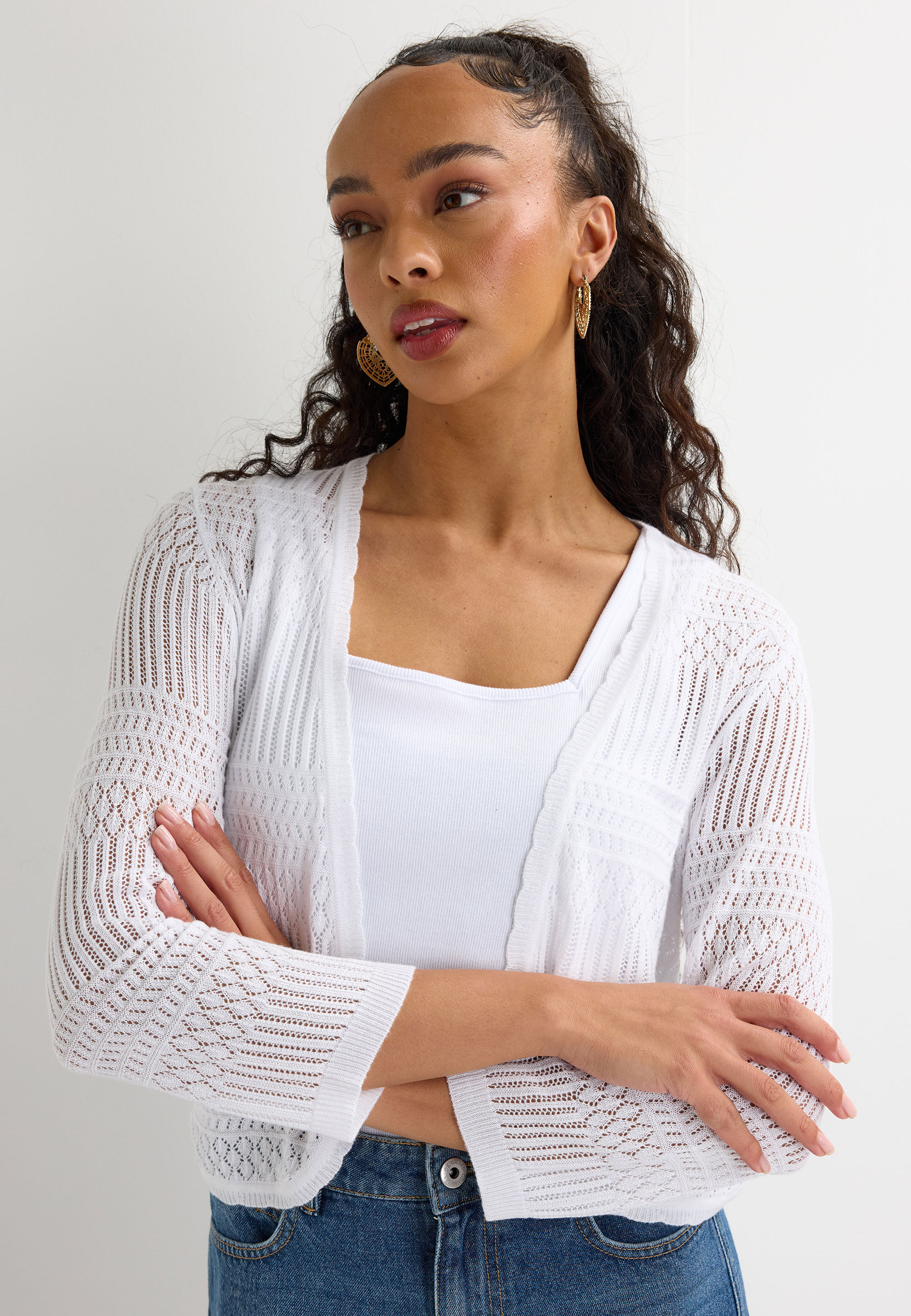 Womens White Pointelle Curve Hem Cardigan