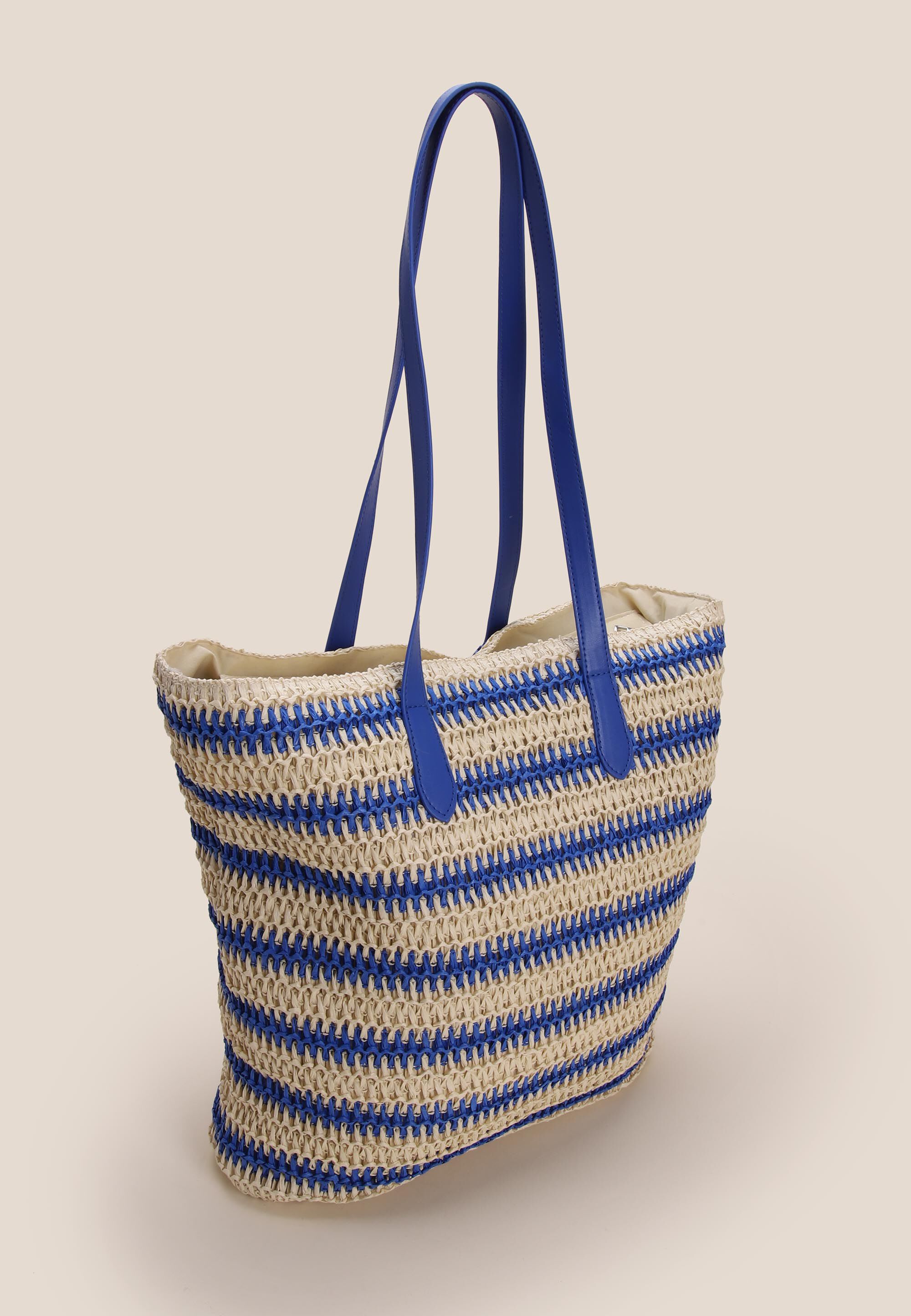 Womens Blue Stripe Straw Tote Bag