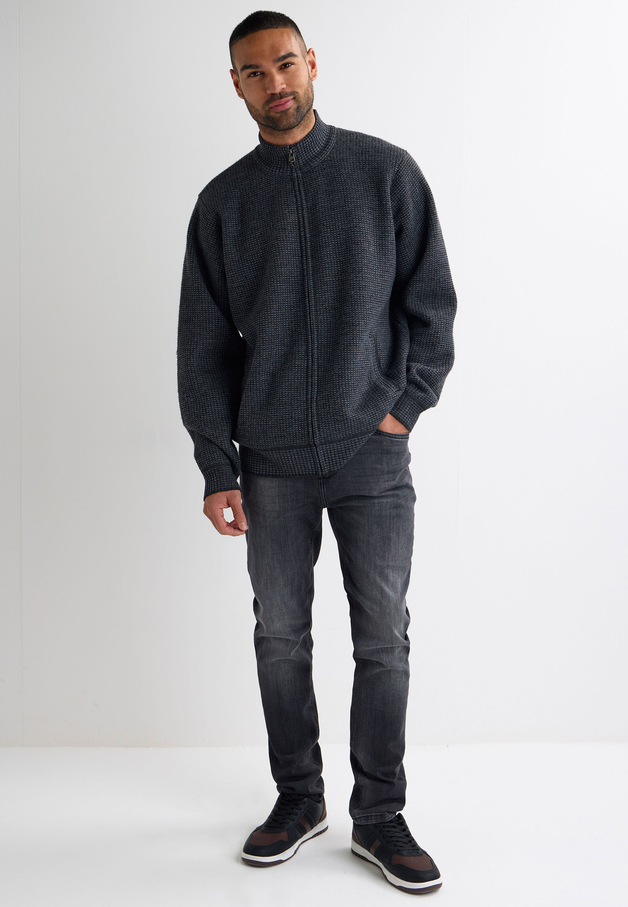 Mens Charcoal Sherpa Zip Through Knitted Cardigan