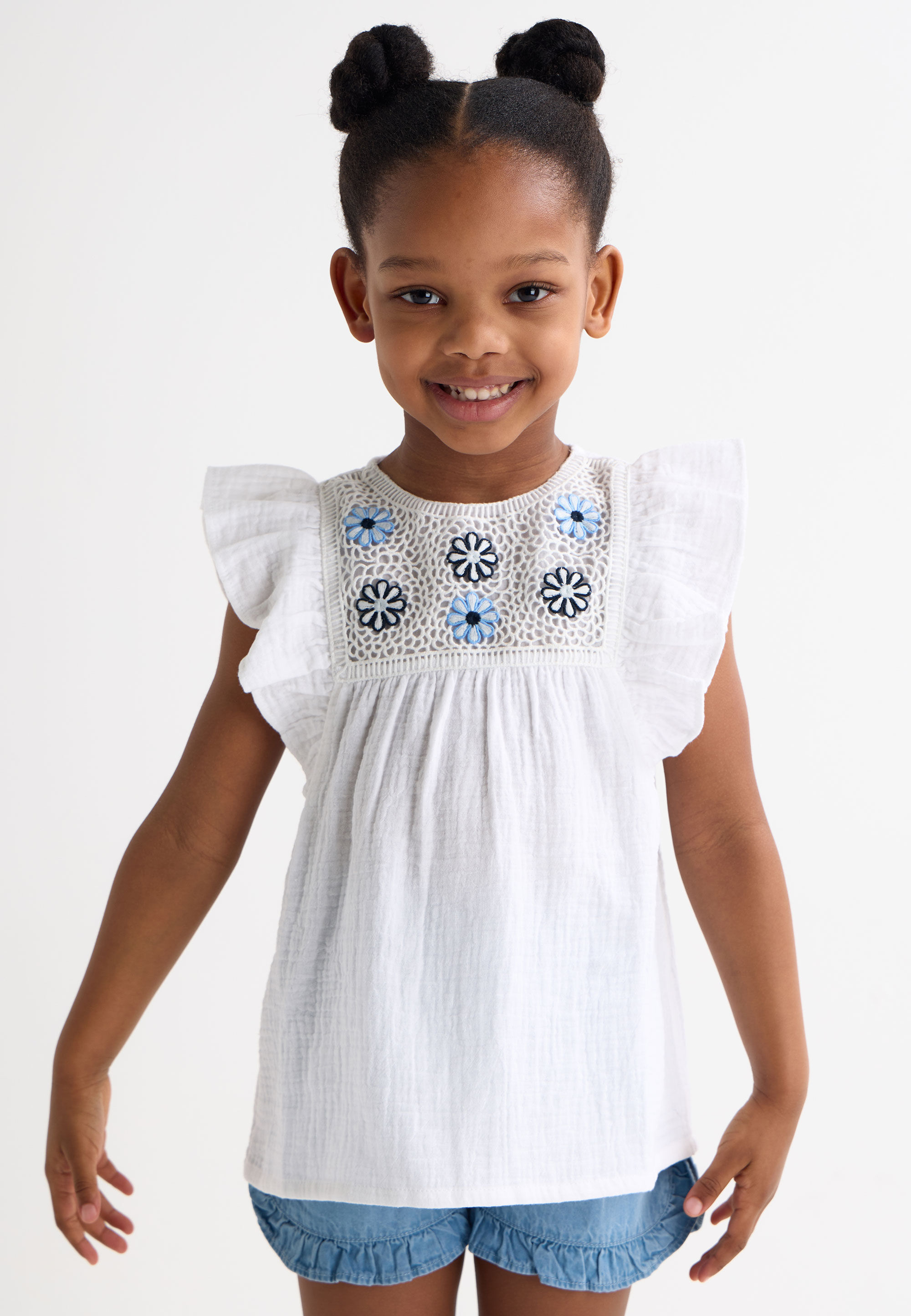 Younger Girls White Crochet & Denim Short Set