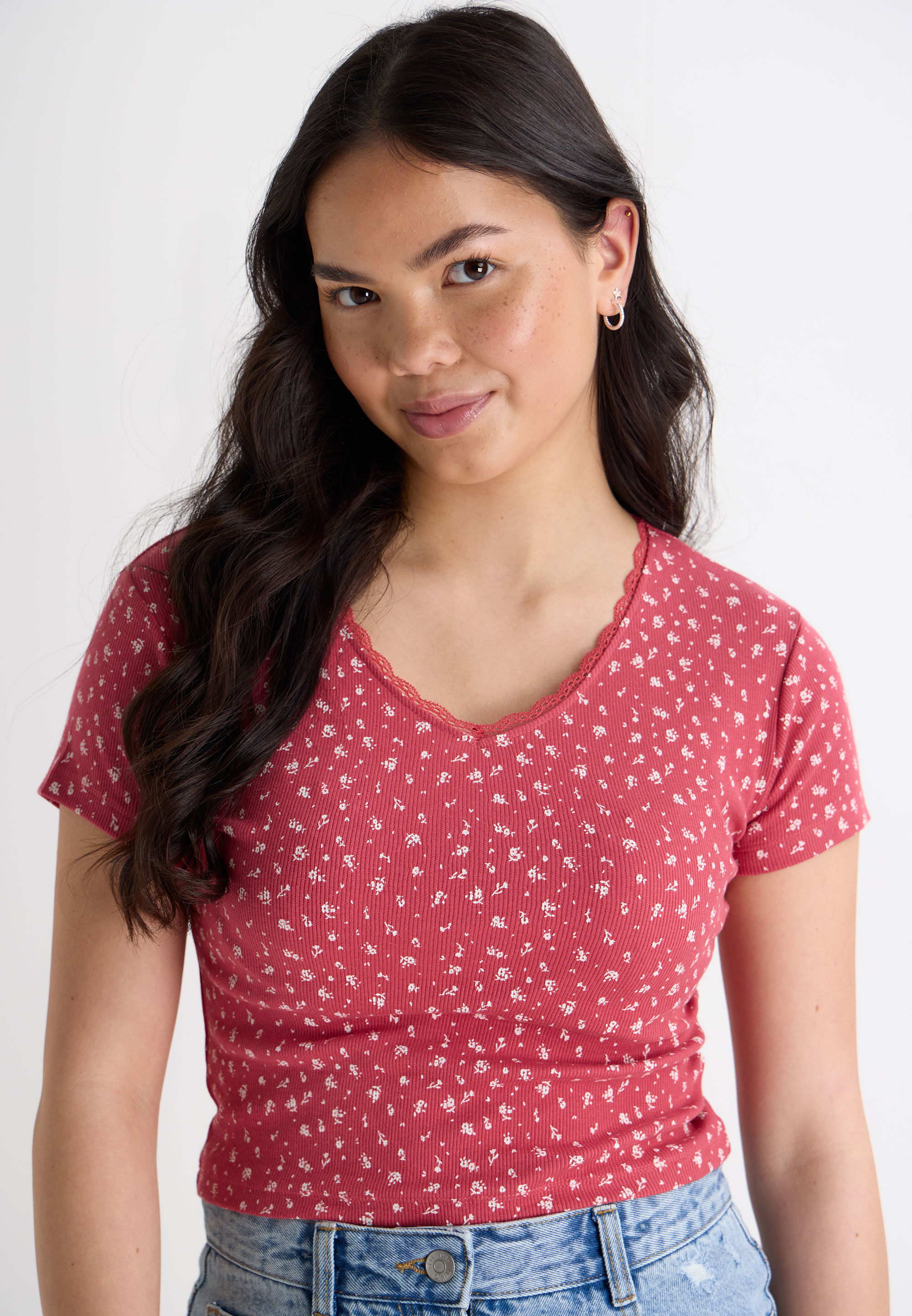 Older Girls Red Floral Lace Trim Top